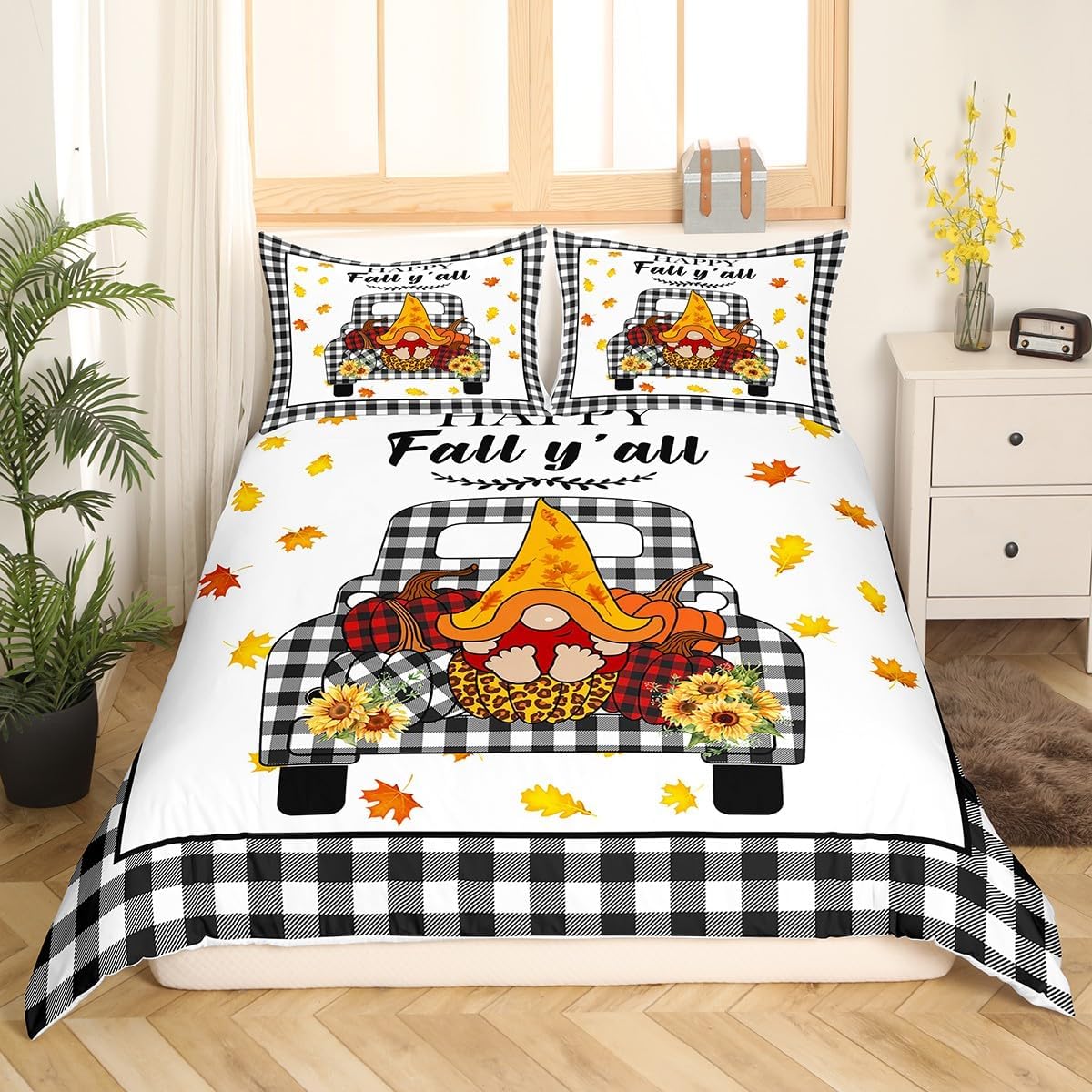Manfei Juego de funda de edredón de gnomo de otoño, tamaño King, funda de edredón de calabaza a cuadros de leopardo con 2 fundas de almohada, juego