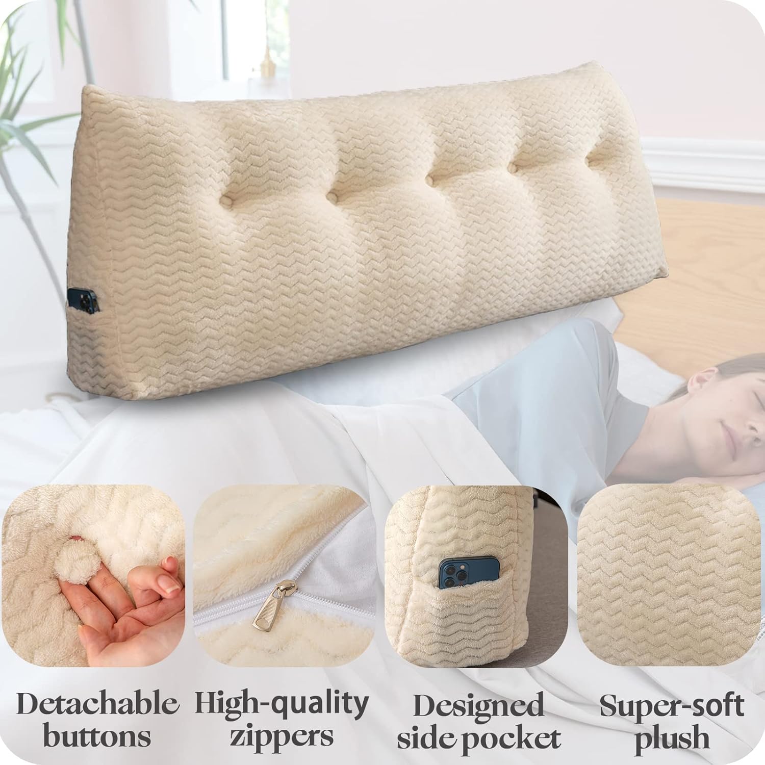 Cabecera triangular grande, respaldo de cuña y respaldo de posicionamiento, almohadas de lectura, almohadas de cuña para cama de día con funda
