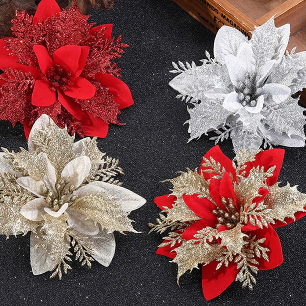 VOSAREA Decoraciones de Navidad, 24 piezas de flores de pascua de Navidad con purpurina artificial, flores en aerosol para árbol de Navidad,