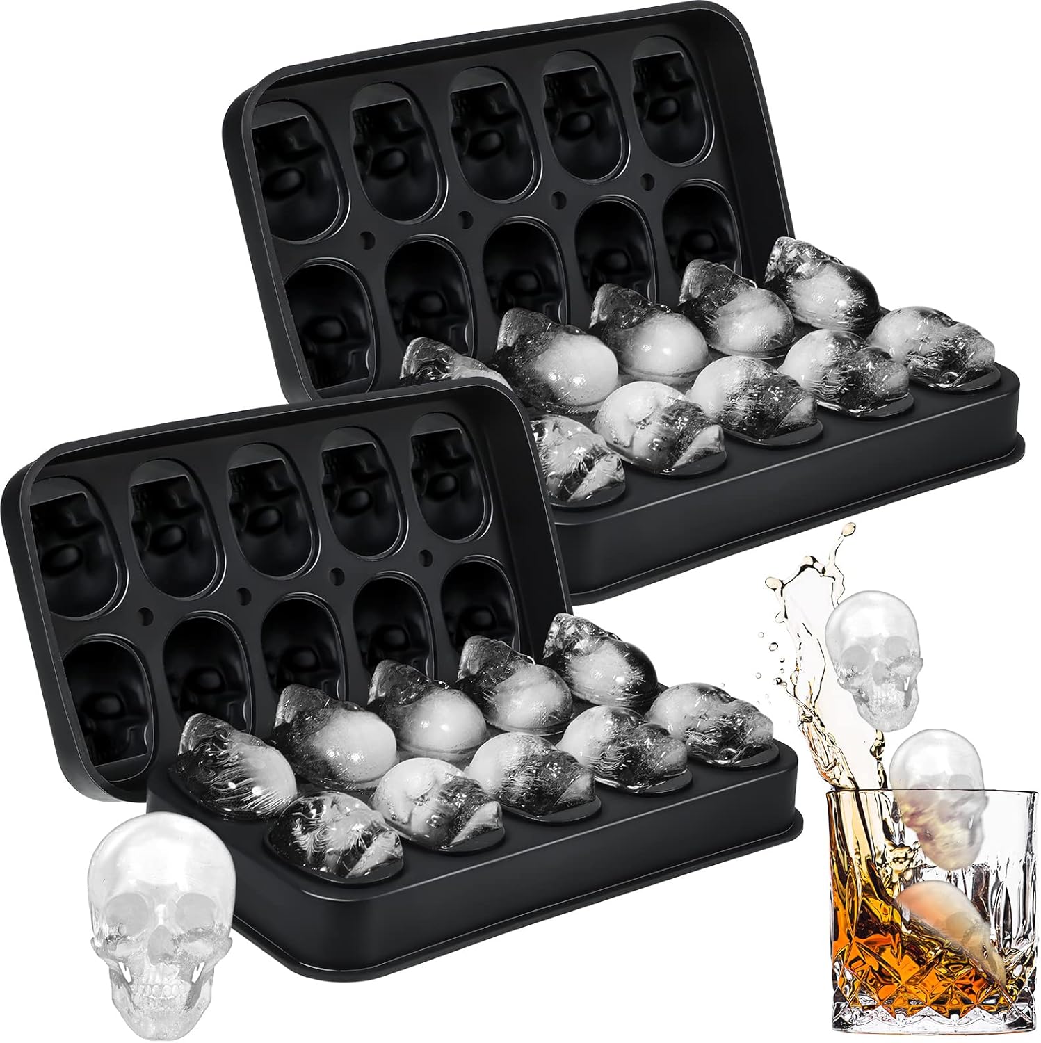 Hoolerry Paquete de 2 moldes para cubitos de hielo de calavera de silicona, molde flexible para cubitos de hielo de calavera para hornear whisky,