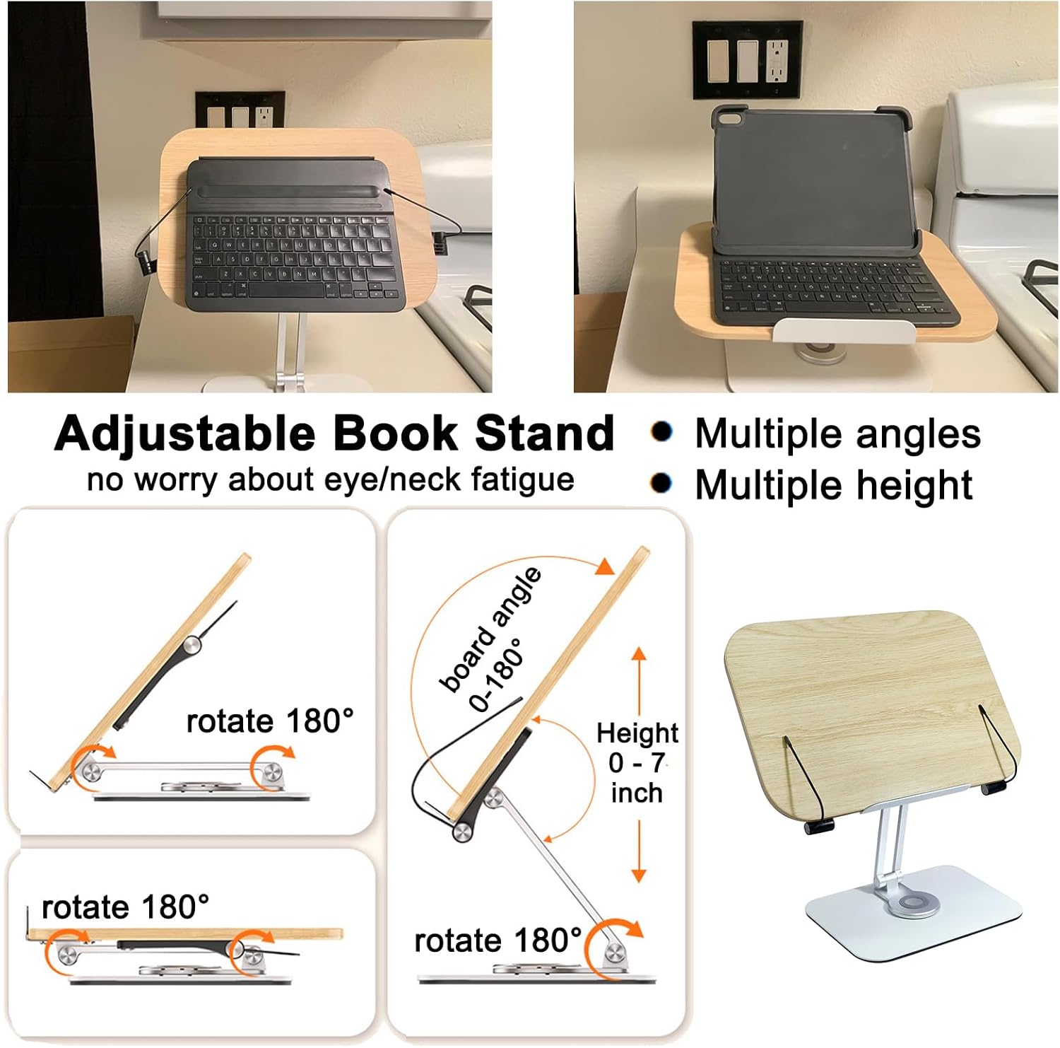 DCHAV Soporte de escritorio plegable para libros de cocina, soporte ajustable para partituras con base giratoria de 360 grados, clip de página de