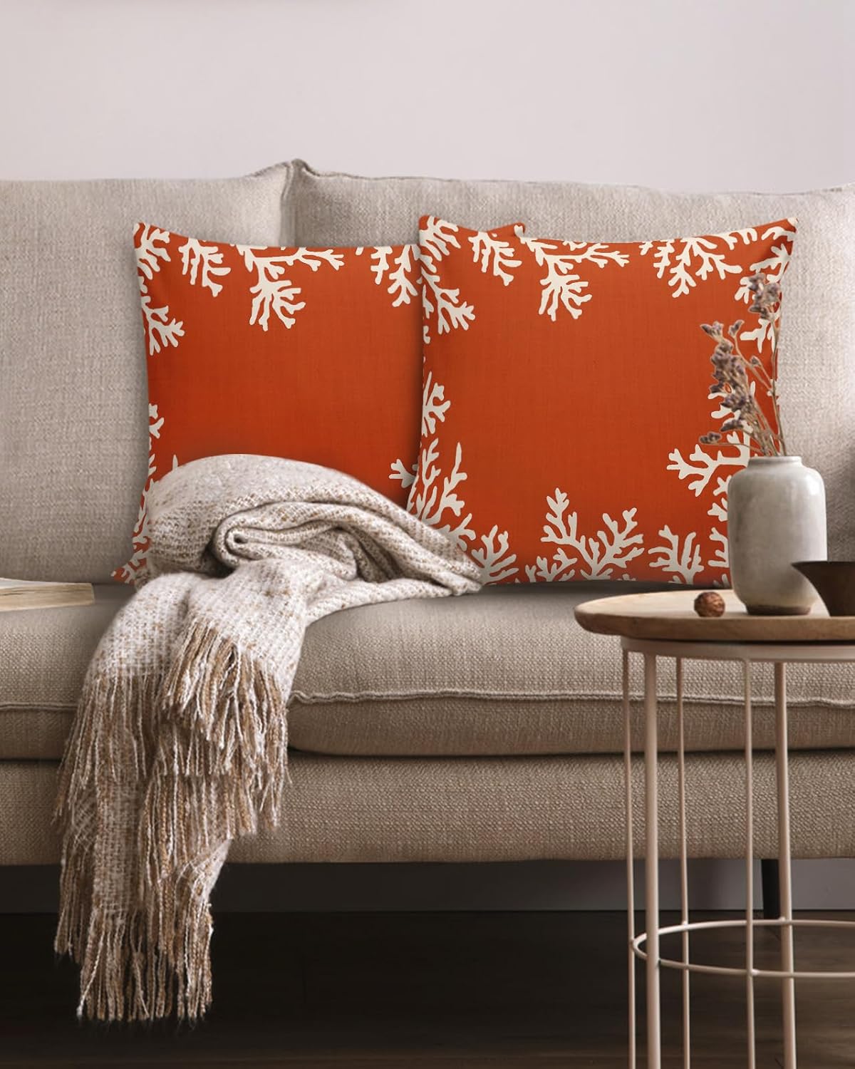 Cotton Throw Pillow Covers Reversible Set of 2, Coral Ocean Orange Soft Couch Pillow Covers for Sofa Bedroom Living Room 18 x 18 Inch Decorative