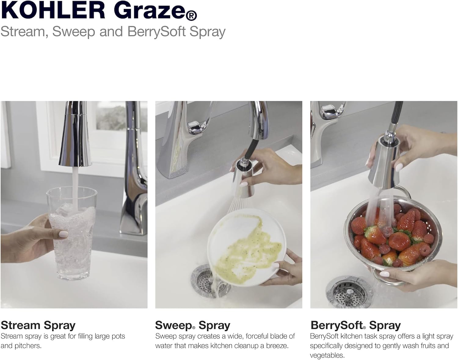 Kohler Graze – Grifo de cocina extraíble, grifo de fregadero de cocina con rociador extraíble, cromo pulido, K-22062-CP
