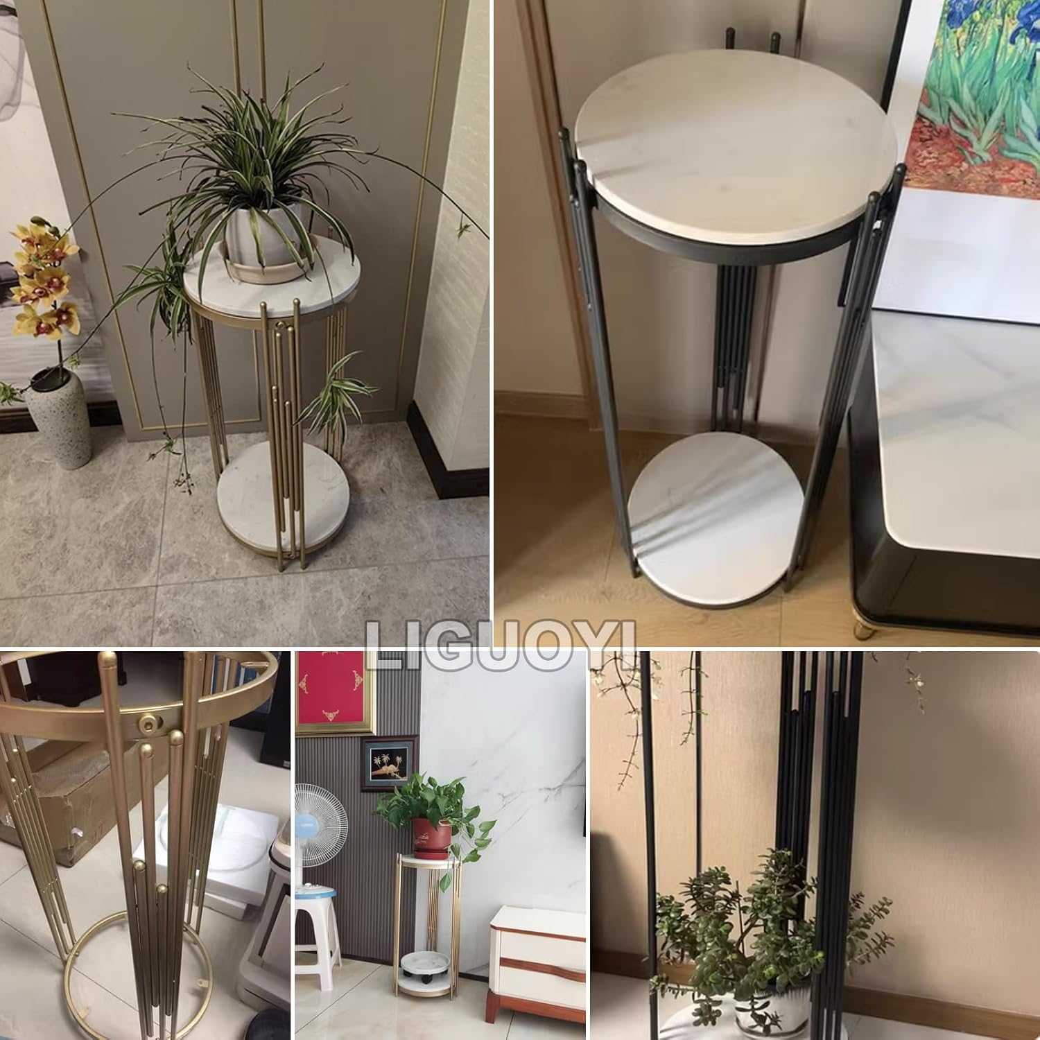 Soporte para macetas para plantas al aire libre, estante de metal de 2 niveles, superficie de mármol, soporte de esquina para plantas de flores,
