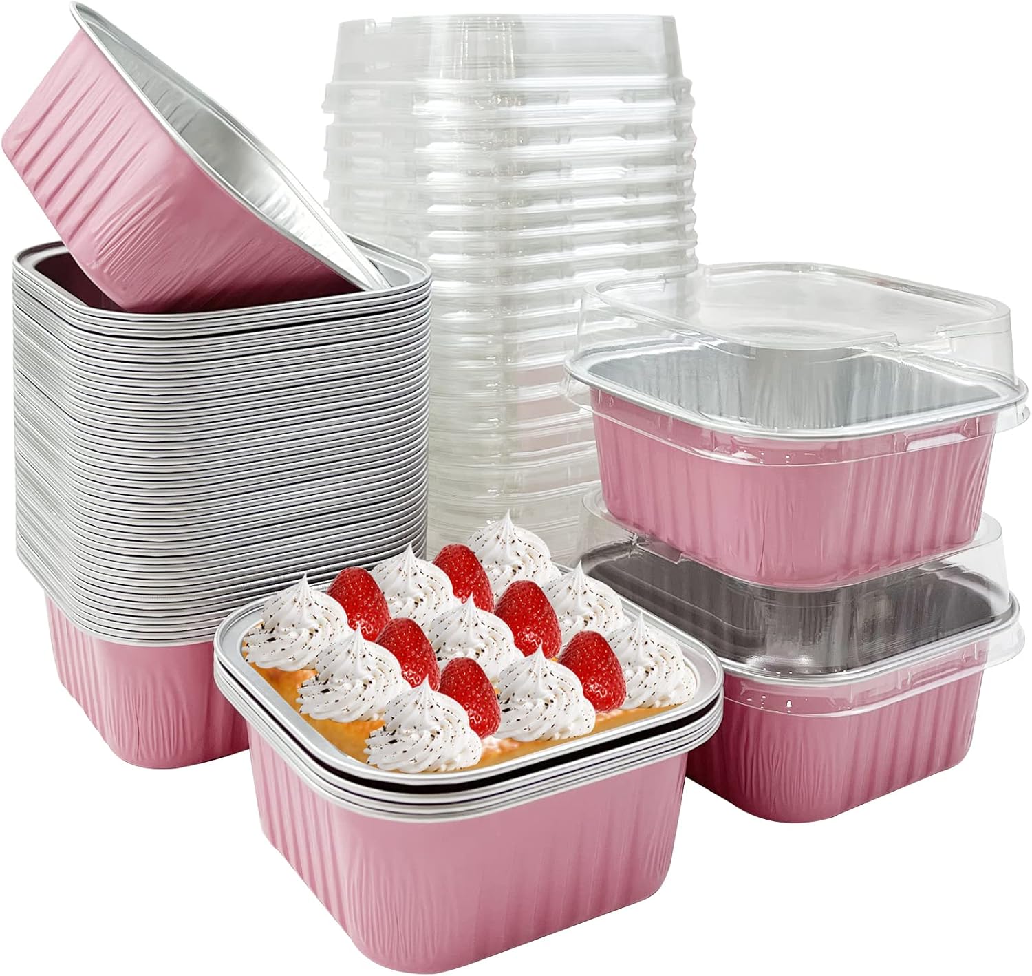 50 tazas cuadradas de papel de aluminio para hornear con tapas, moldes desechables de 5 onzas para tartas, recipientes para hornear cupcakes para