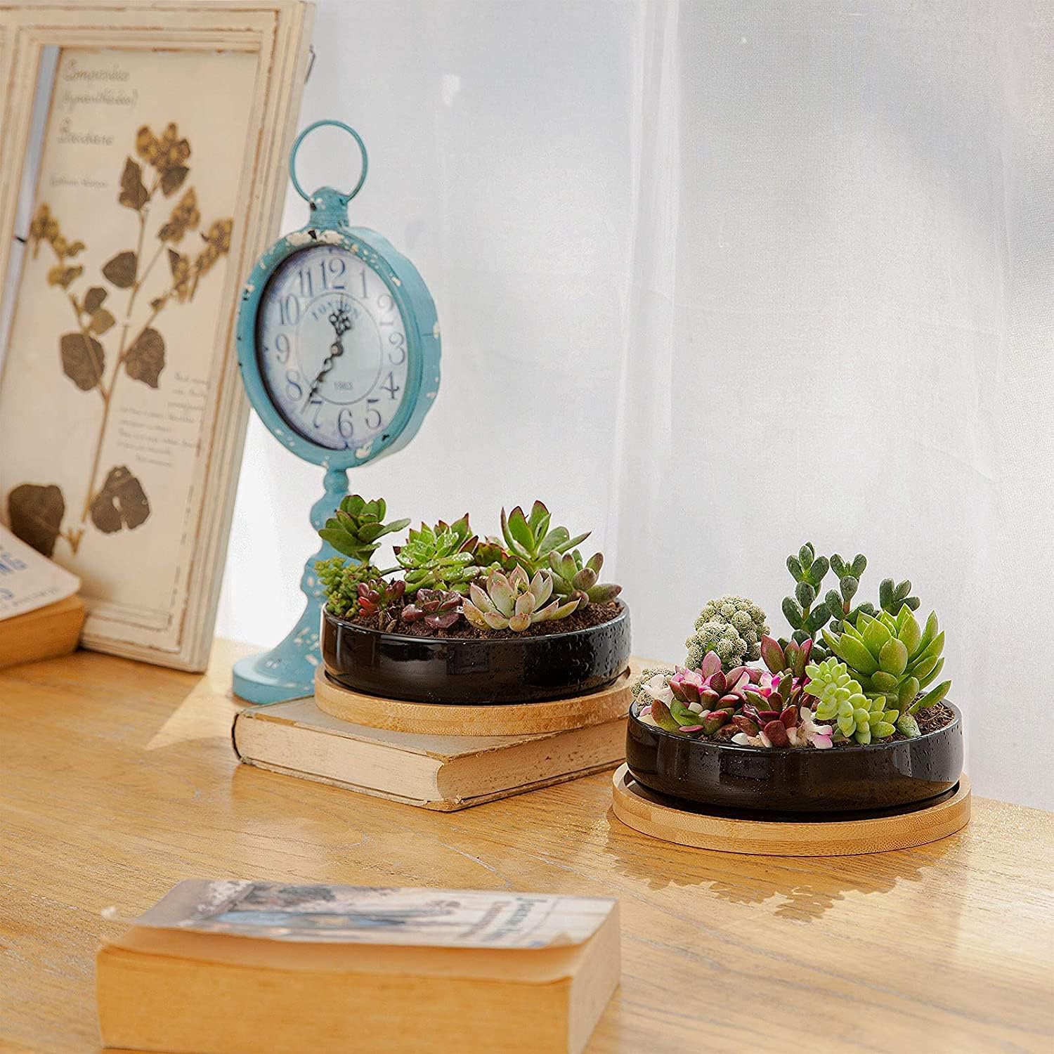 Yangbaga Platillo de madera de bambú de 6.7 pulgadas, paquete de 2 bandejas para plantas, platillo redondo para plantas de interior y exterior