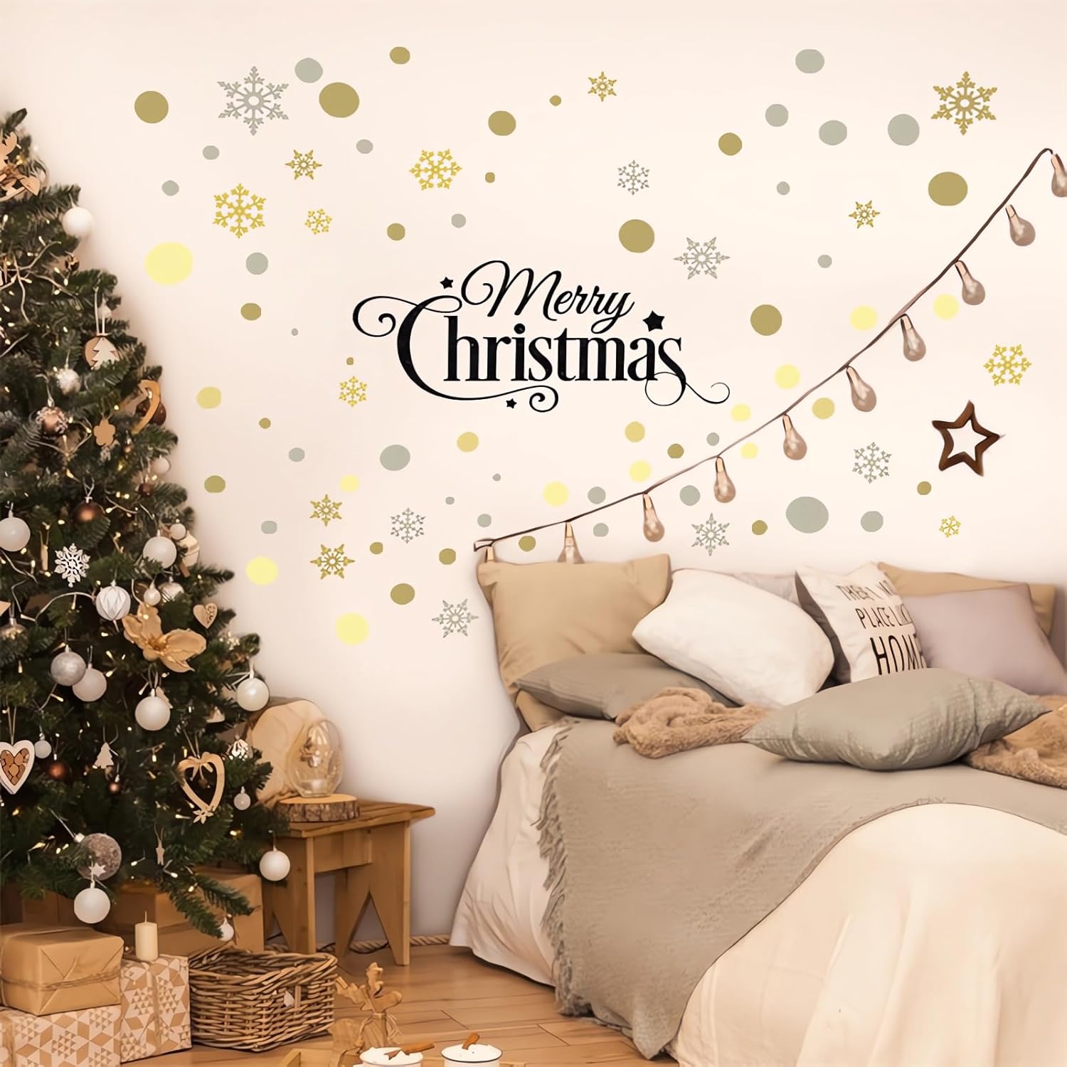 Calcomanías de pared de copos de nieve de lunares dorados, marrones y grises, vinilo extraíble para decoración de Navidad, sala de estar,