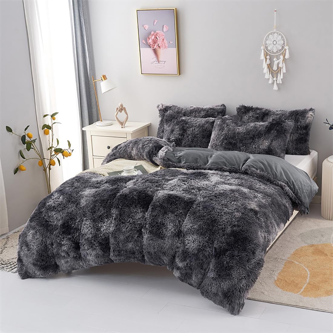WINLIFE Juego de edredón lanudo tamaño individual, color gris para niños y adolescentes, juegos de ropa de cama de pelo sintético de franela peluda,