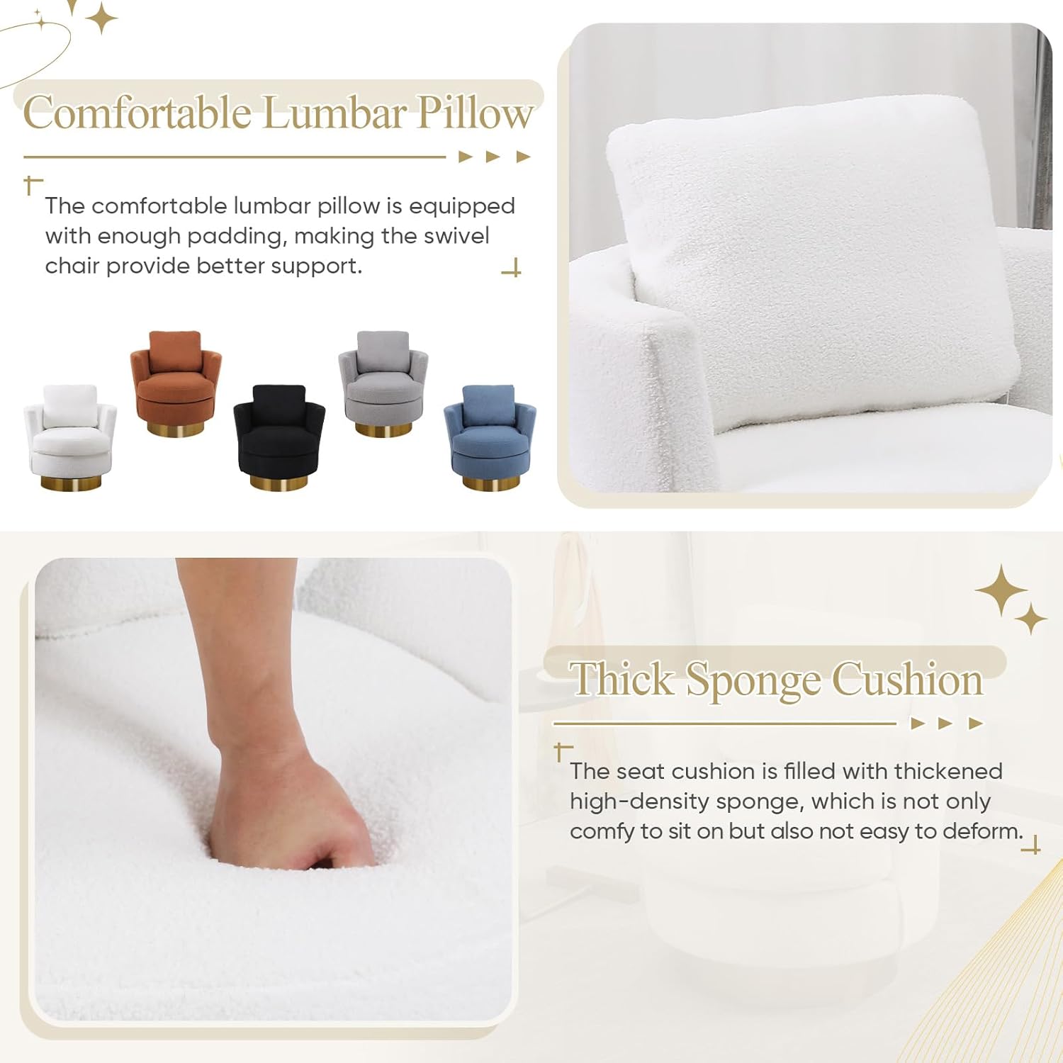 Silla giratoria tapizada, cómoda silla decorativa con almohada lumbar, silla redonda giratoria de 360, moderna silla de sherpa para guardería, sala