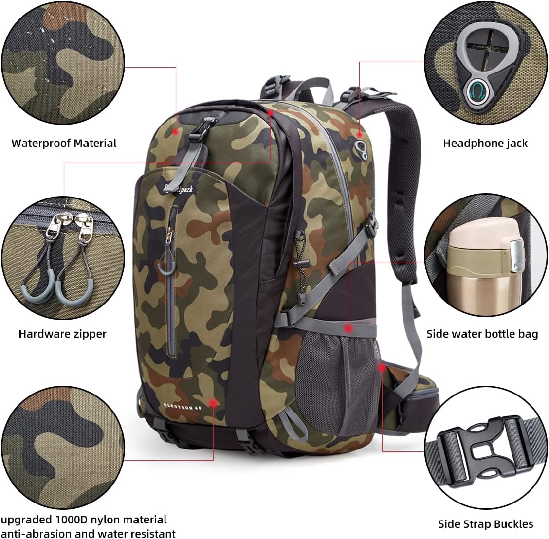 SPEEDPARK Mochila de senderismo impermeable de 40 litros con cubierta para lluvia, mochilas de viaje para senderismo al aire libre para hombres y