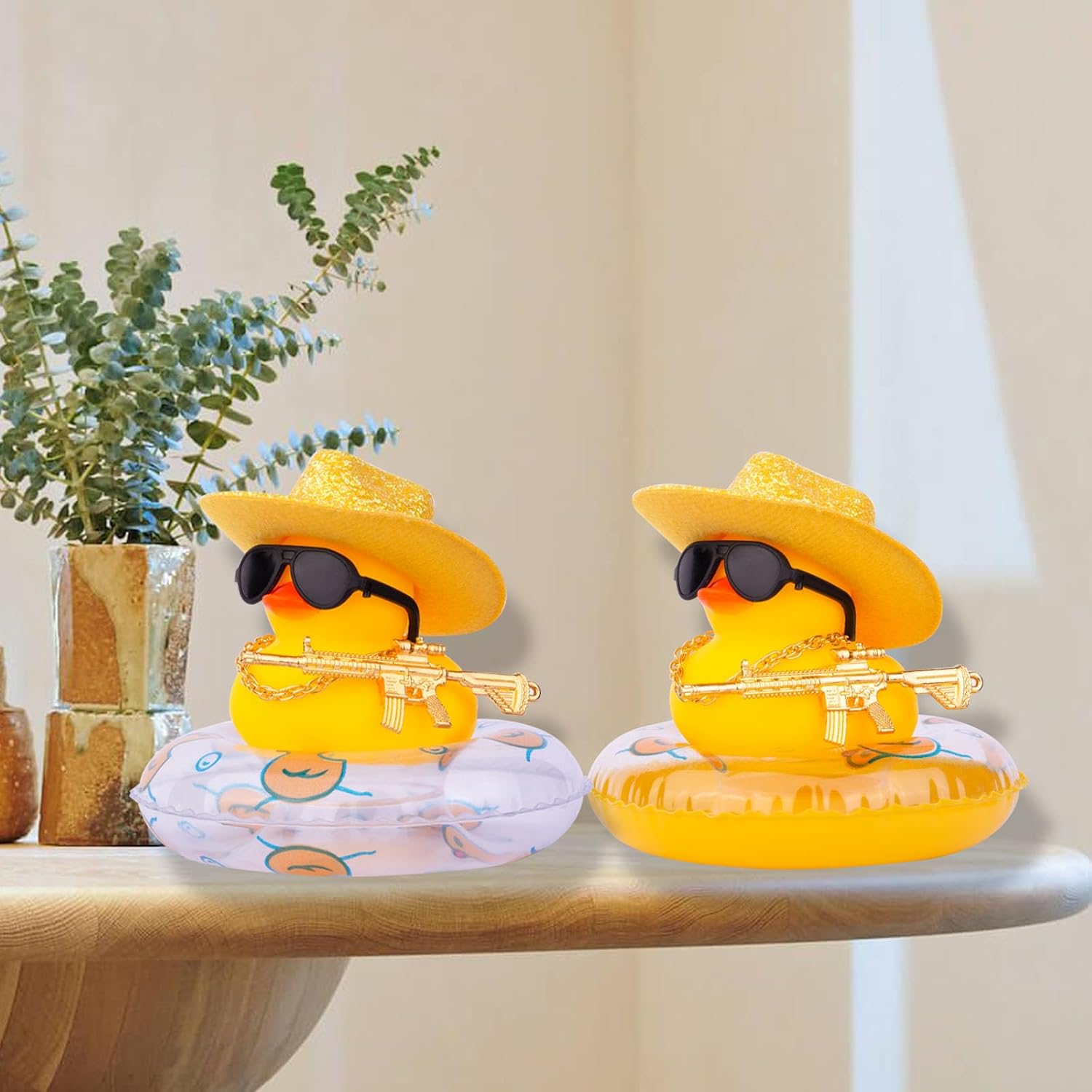 Tablero de instrumentos de decoración de pato de automóvil, accesorios de adorno de tablero de automóvil con mini sombrero de vaquero con purpurina,