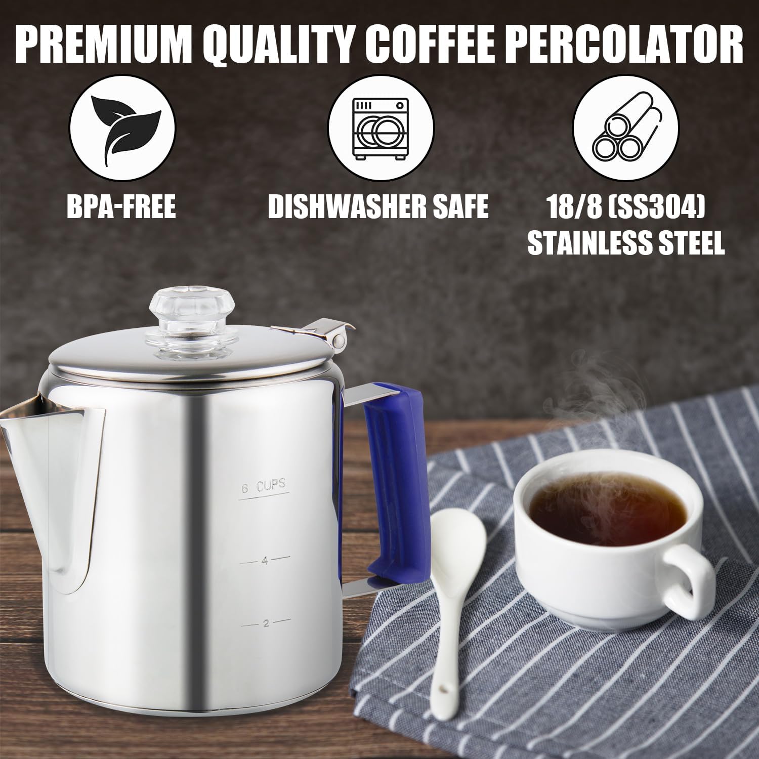 Percolador de café multiusos con perilla de vidrio resistente al calor y mango de gel de sílice azul, cafetera de acero inoxidable para cocina de