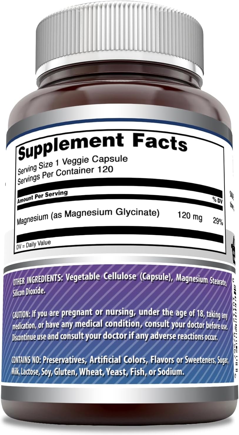Amazing Formulas – Suplemento de magnesio (glicinato) de 120 mg por porción, cápsulas vegetarianas, con glicinato de magnesio, sin OMG, sin gluten