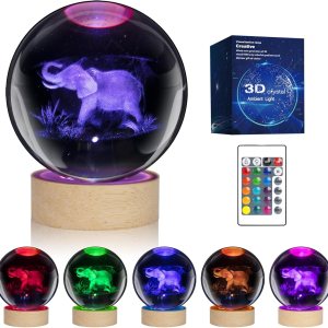 Lámpara de noche de elefante 3D para niños con base LED de madera, bola de cristal de 3.15 pulgadas, luz nocturna de 16 colores cambiantes con Lámpara de noche de elefante 3D para niños con base LED de madera, bola de cristal de 3.15 pulgadas, luz nocturna de 16 colores cambiantes con