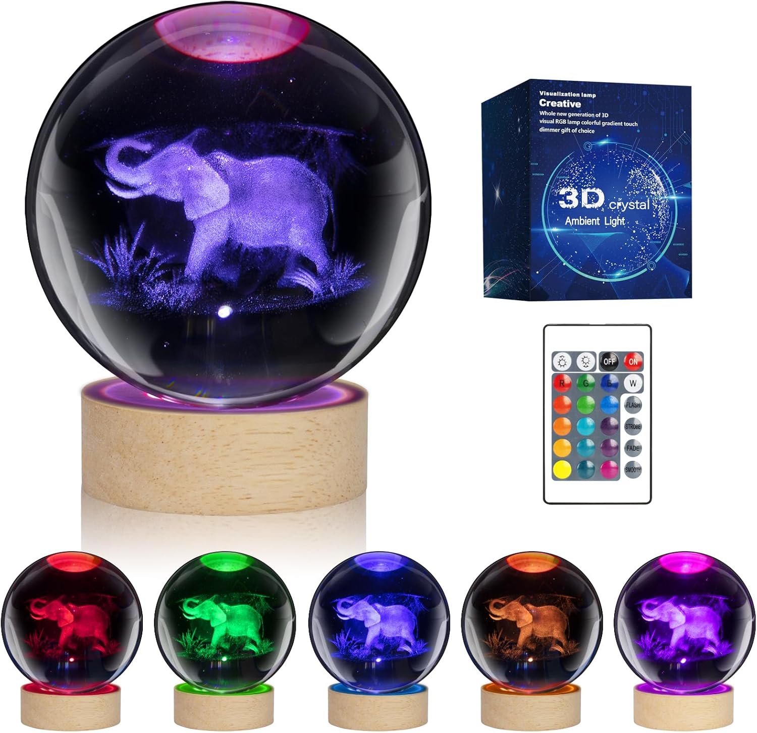Lámpara de noche de elefante 3D para niños con base LED de madera, bola de cristal de 3.15 pulgadas, luz nocturna de 16 colores cambiantes con