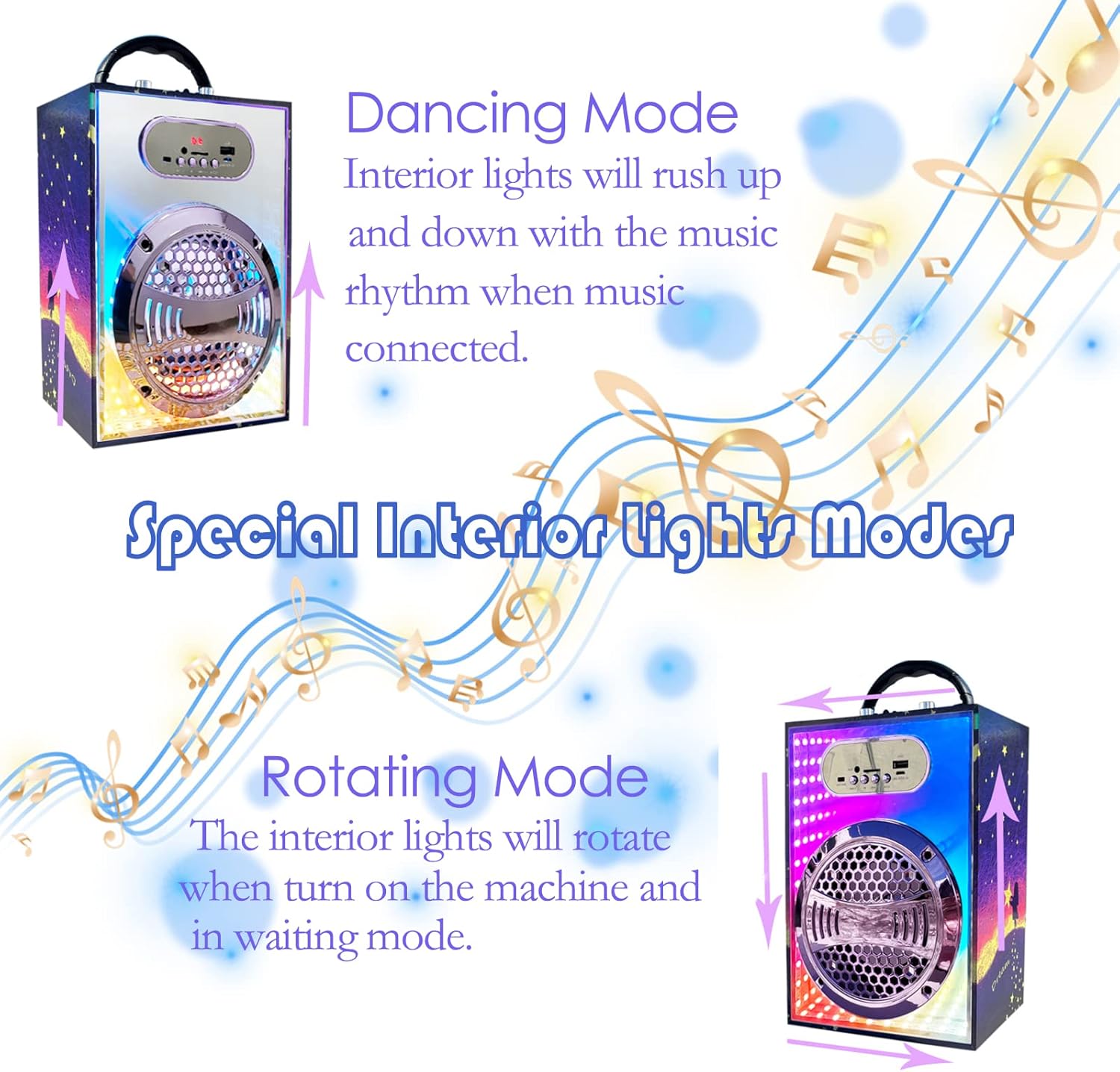 KaraMuizi Bluetooth Karaoke Machine for Kids and Adult, Mirror Surface Wooden Wireless Singing Speaker with 2 Microphones Dancing Light for Party