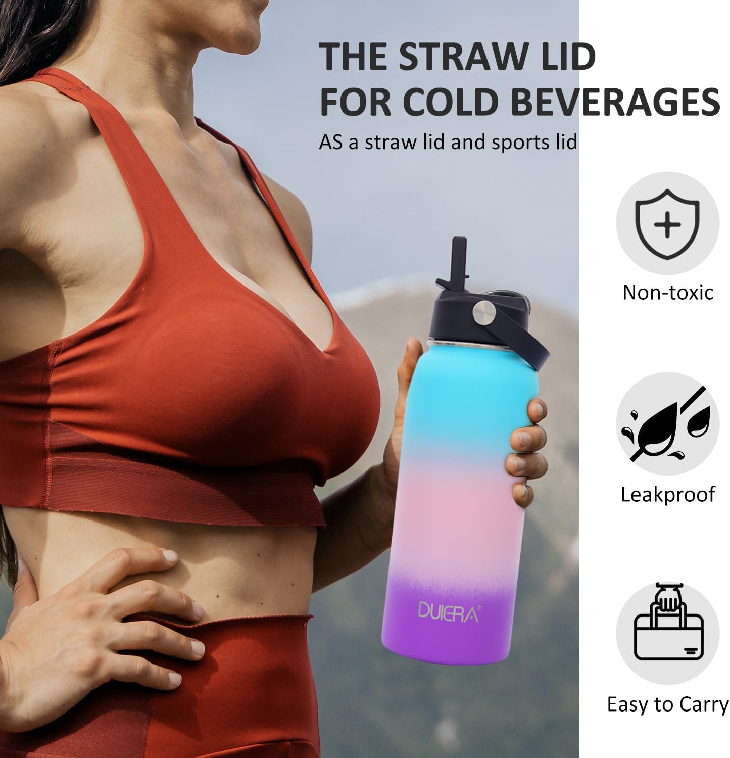 DUIERA Botella de agua de acero inoxidable con popote aislado para bebidas frías, con popote y tapa, botella de agua térmica al vacío para mujer, a