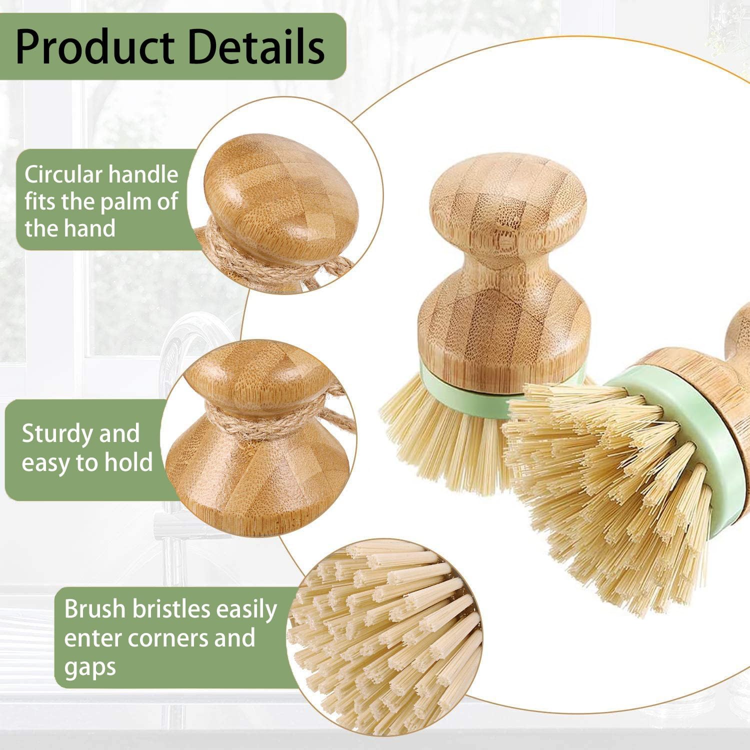Cepillo de bambú para platos de madera, cepillo de bambú para platos, cepillo de palma, adecuado para lavar platos (verde)