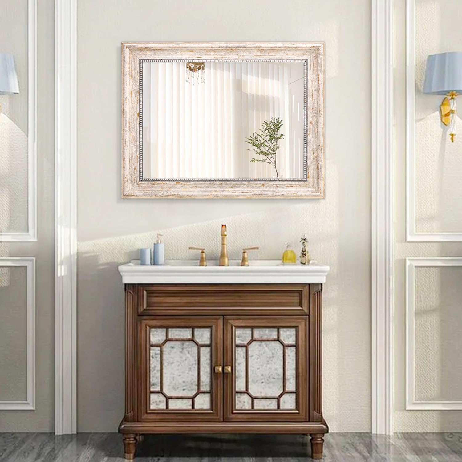 AAZZKANG Espejos para pared, espejo biselado rústico grande con marco de madera, espejo colgante decorativo para casa de campo, dormitorio, baño,