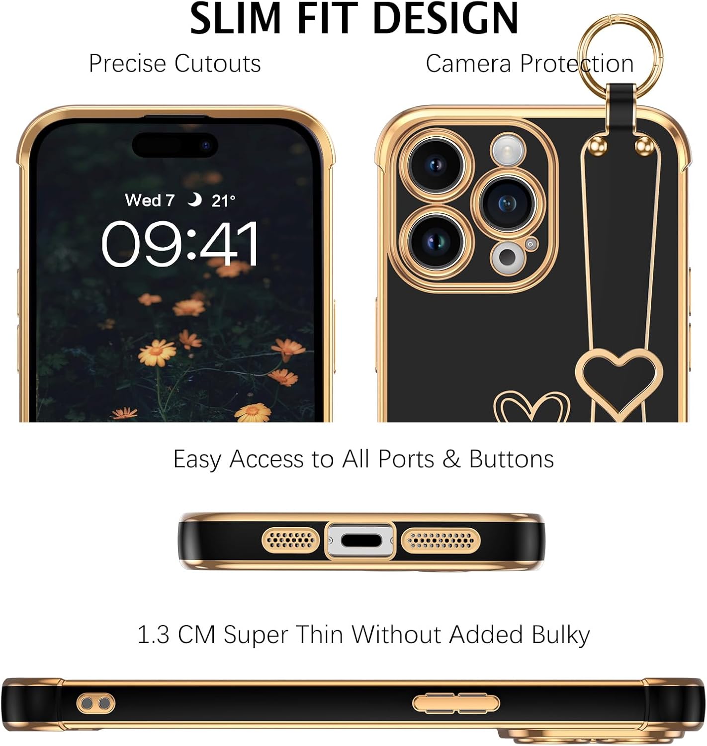 BENTOBEN Funda compatible con iPhone 15 Pro Max, iPhone 15 Pro Max con correa ajustable para la muñeca, soporte de apoyo de lujo con bonito corazón