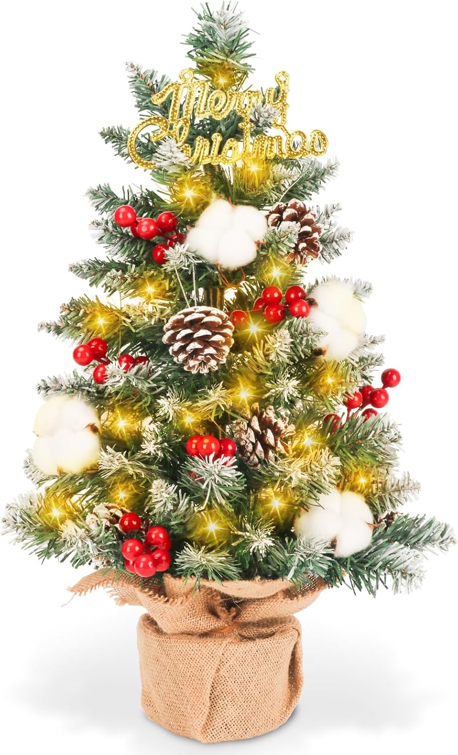 Mini árbol de Navidad artificial, de 21 pulgadas, pequeño árbol de Navidad flocado de nieve con adornos colgantes para vacaciones, interiores,