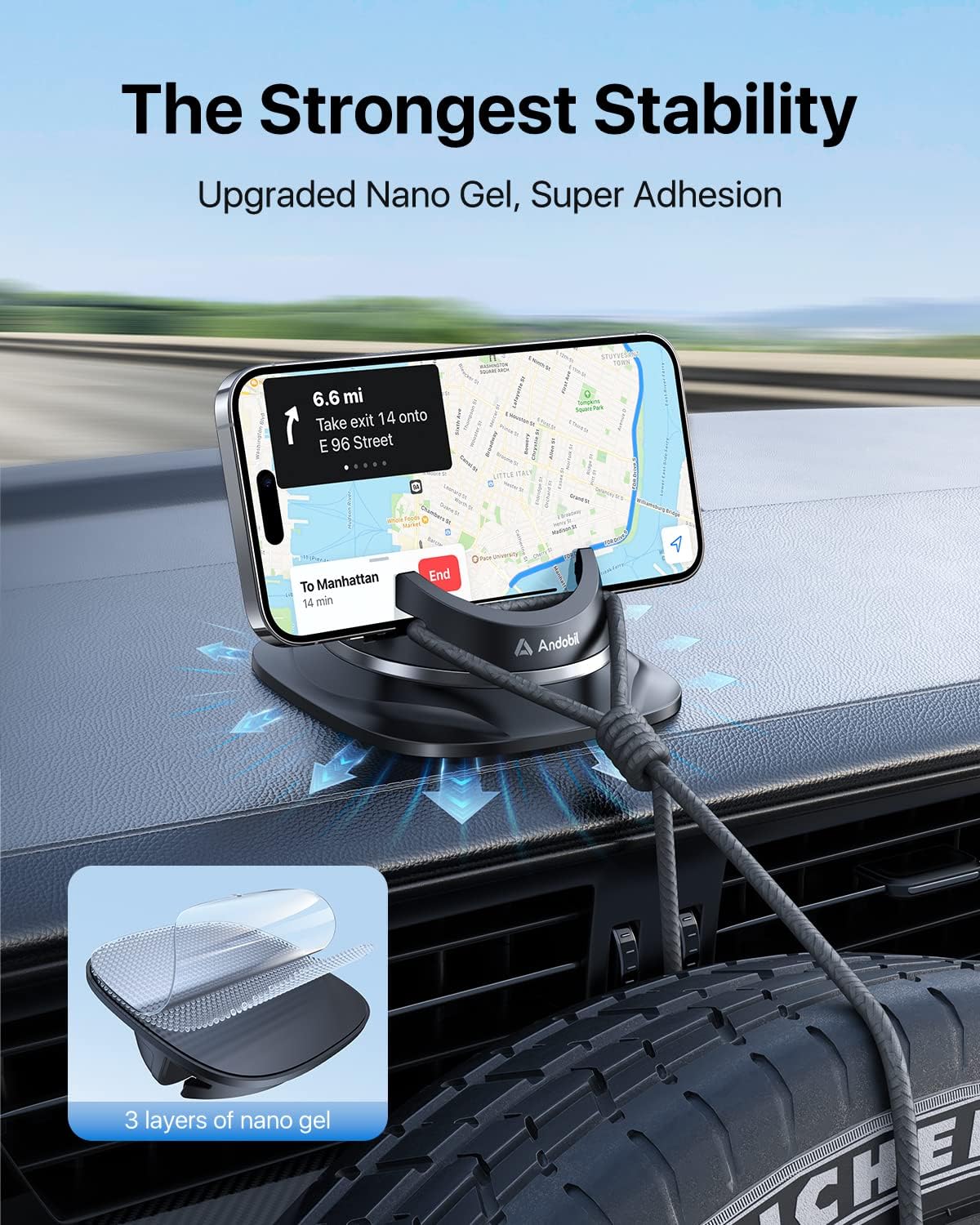 andobil Soporte de teléfono celular para tablero de instrumentos de automóvil, soporte de teléfono de silicona reutilizable estable y