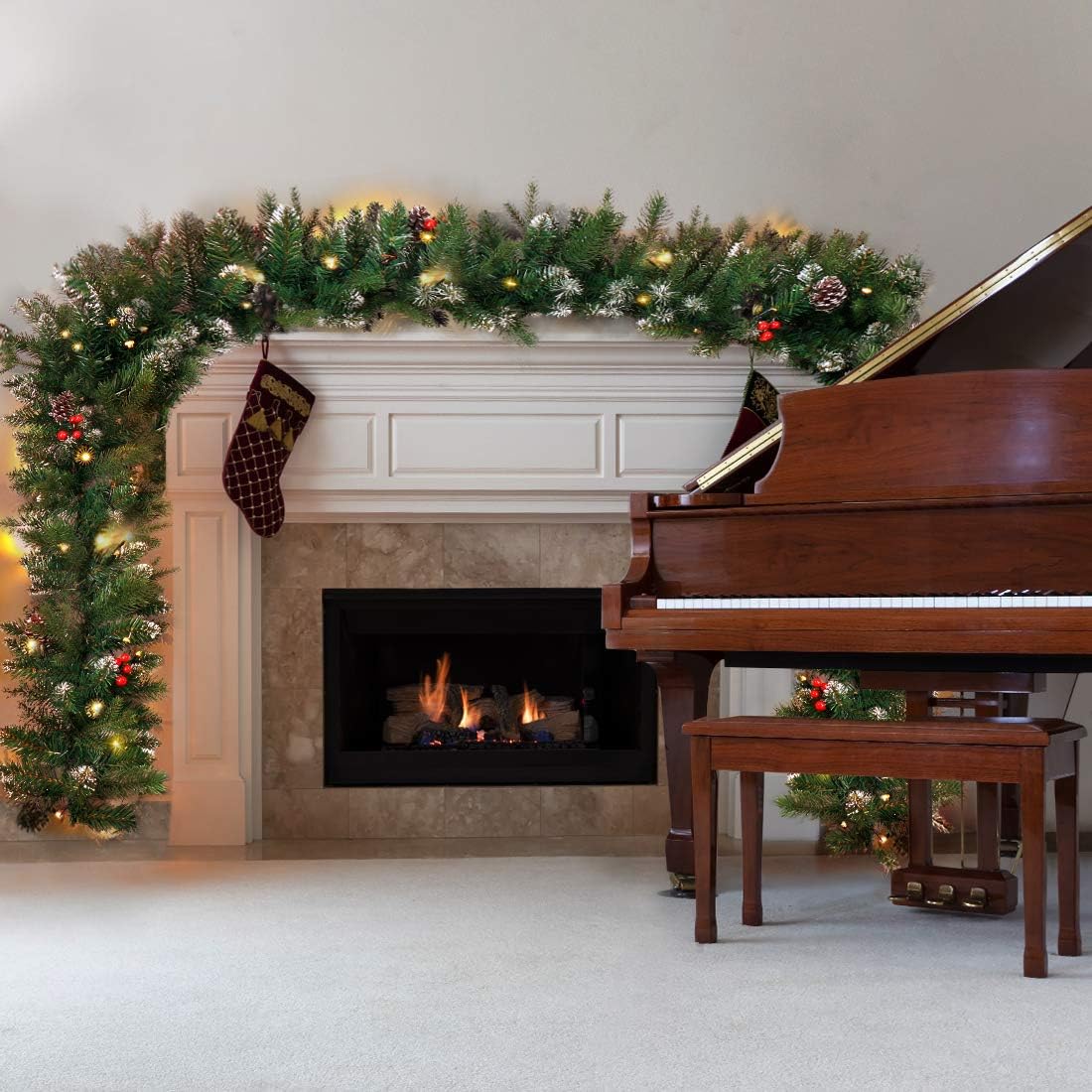 Guirnalda de Navidad artificial preiluminada de 9 pies, decoración de Navidad para interiores y exteriores, guirnalda con temporizador que funciona