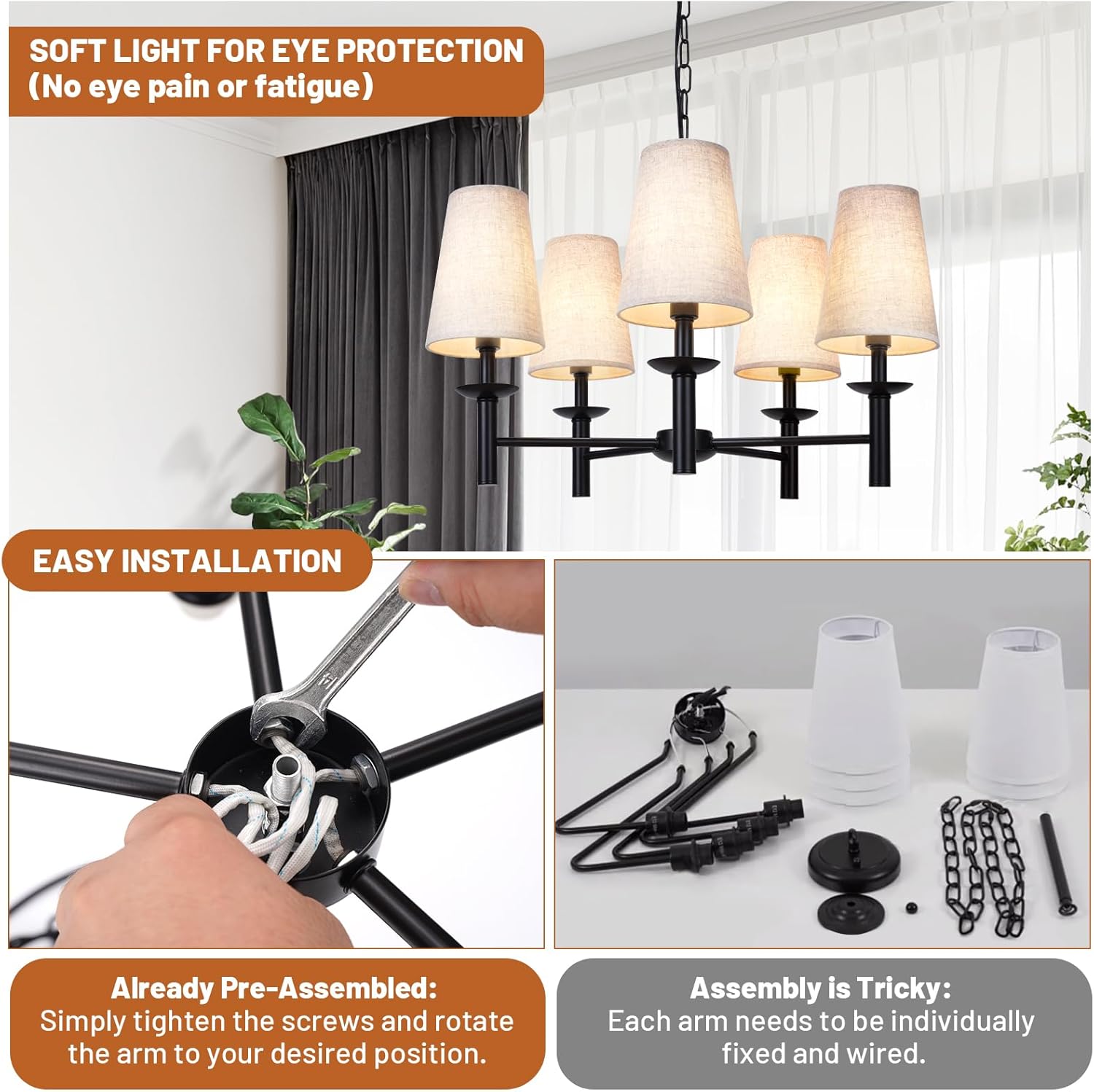 Lámpara de araña moderna de 5 luces con pantalla de tela blanca, lámpara colgante lineal de metal negro para comedor, lámpara colgante industrial