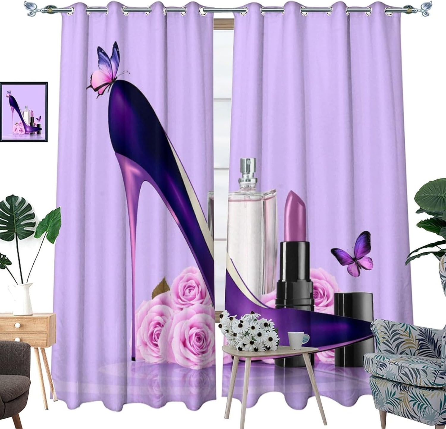 Cortinas moradas de lujo con diamantes de tacón alto para dormitorio, diseño moderno de mujer, con estampado de mariposas, aislamiento térmico,