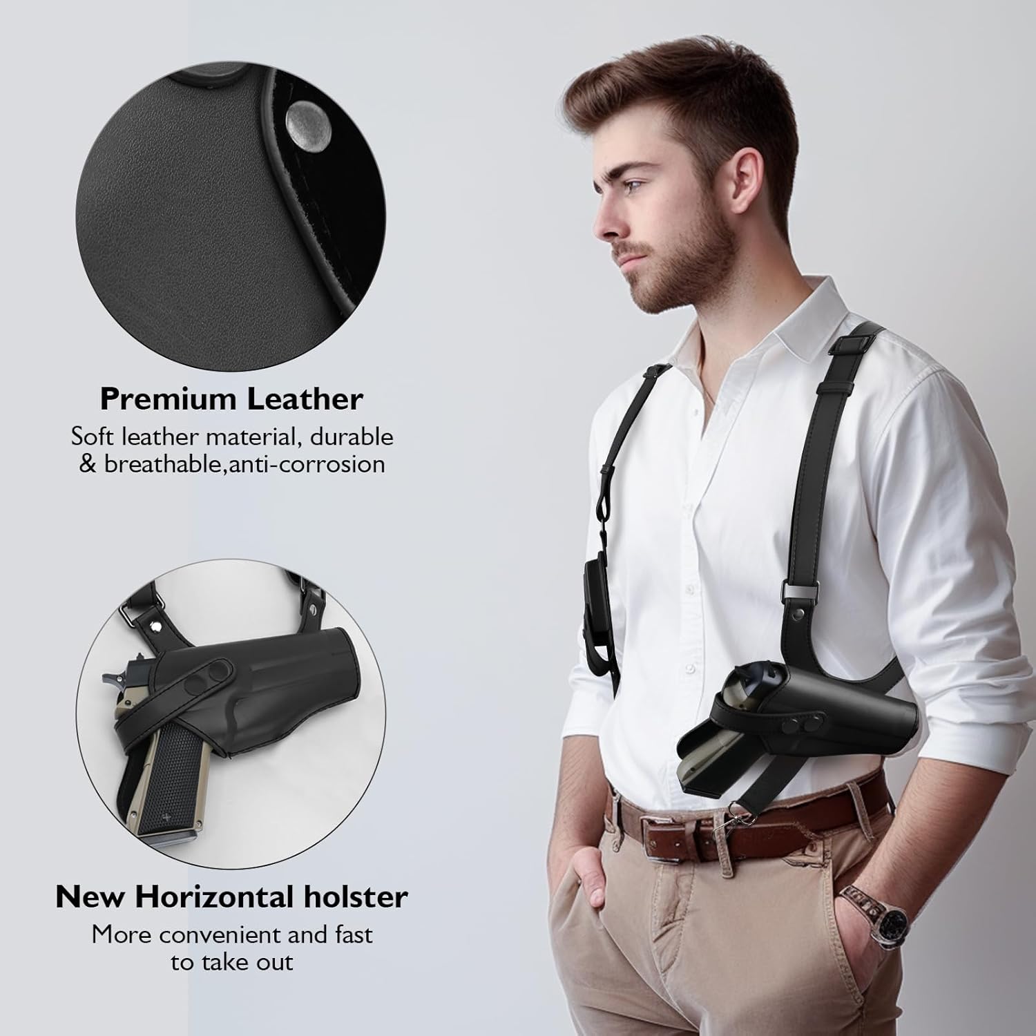 Shoulder Holster General Vertical Gun Holster Adjustable PU Leather for Concealed Carry with Double Magazine Pouch – Fit 1911 Most Kinds of Pistols