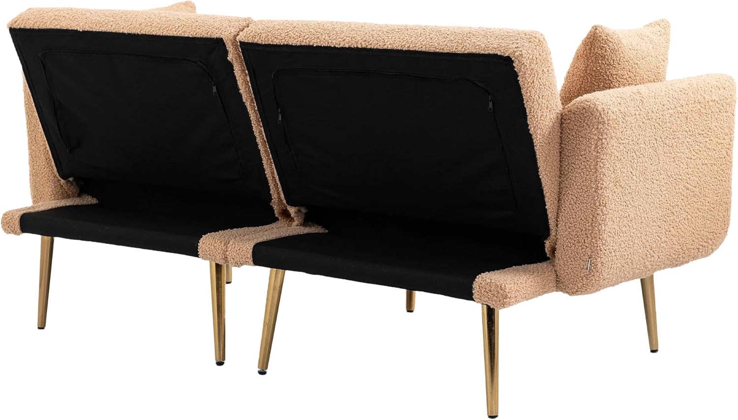 Kakotito Sofá biplaza de terciopelo moderno de mediados de siglo, sofá pequeño con 7 patas de metal dorado (Camel Teddy)