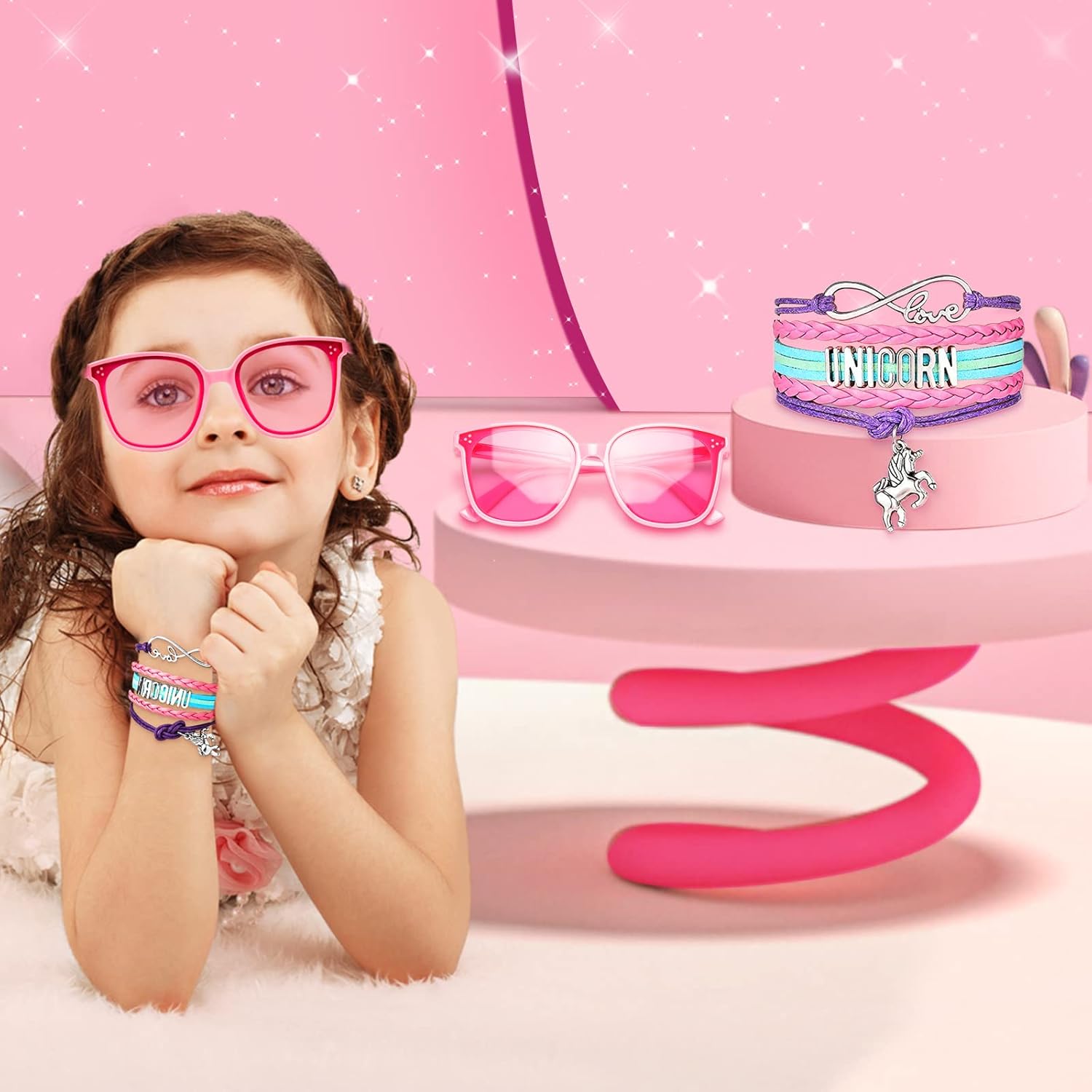 Cesta de bicicleta para niñas, cesta de bicicleta para manillar con pulsera de unicornio, campana, serpentinas, calcomanías, gafas de sol para