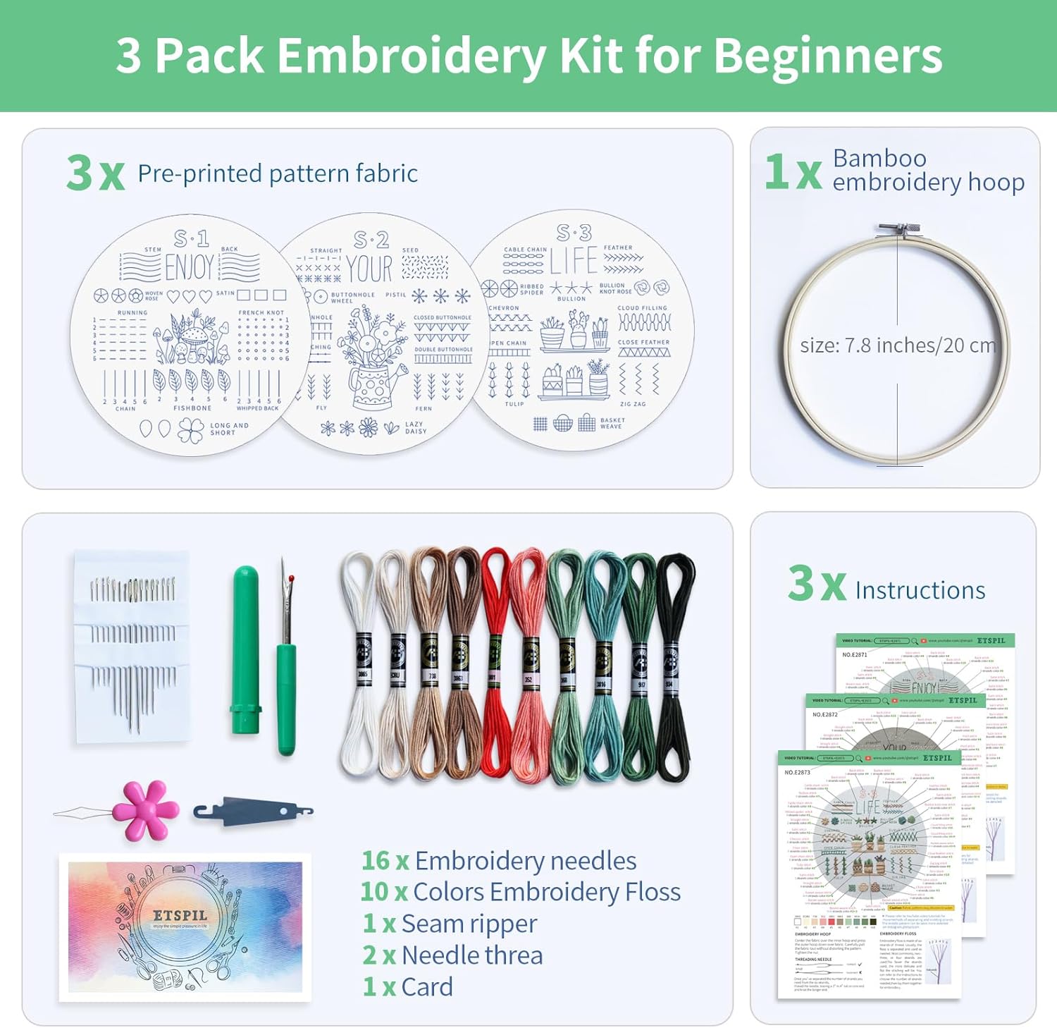 ETSPIL Kit de bordado de 3 juegos para principiantes, kits de plantas para adultos aprenden 33 puntadas diferentes, incluye patrón estampado,