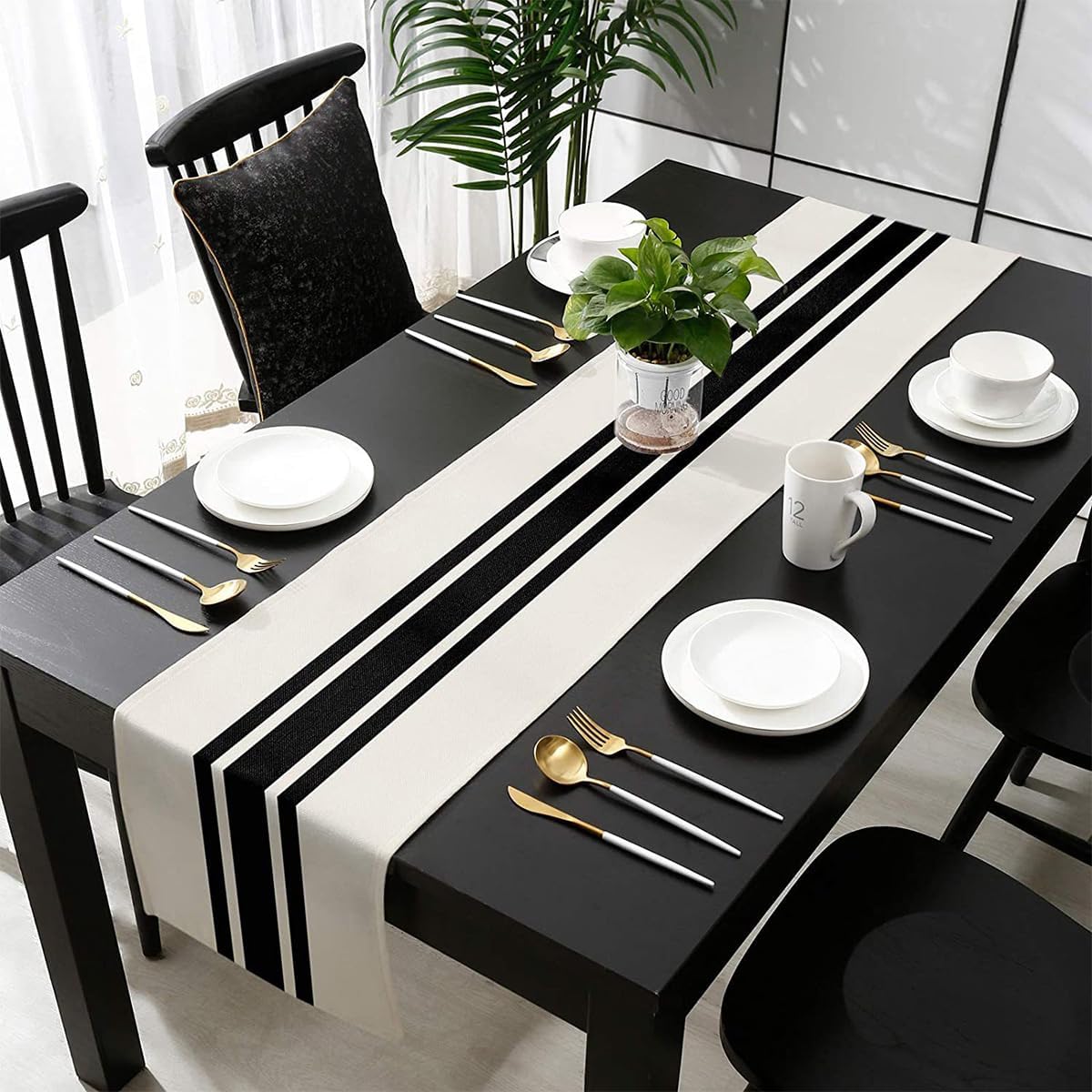Camino de mesa, moderno camino de mesa de granja, camino de mesa a rayas negras y beige para mesa de comedor rústica bohemia (rayas negras12 x 72