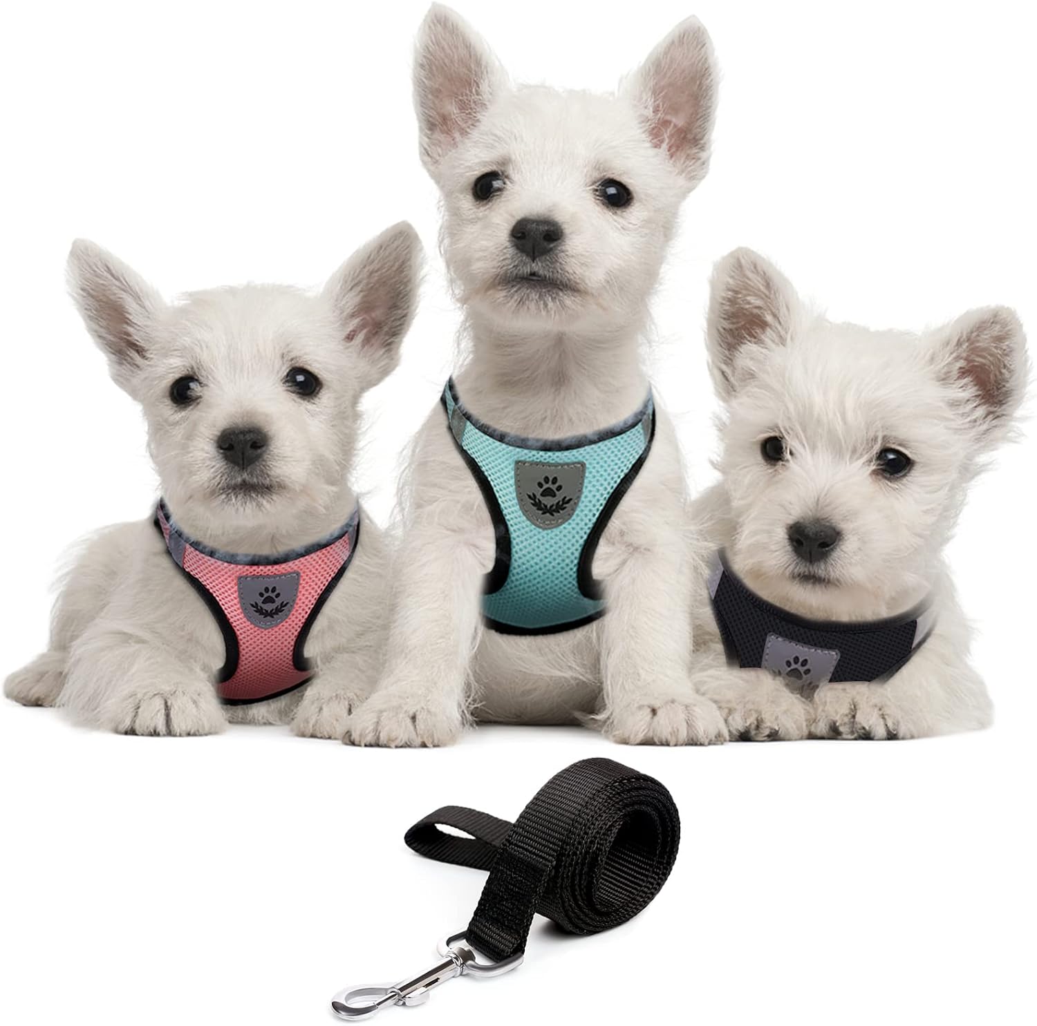 Juego de 4 piezas de arnés y correa para perro, suave y transpirable, arnés para perro sin tirones con bandas reflectantes, arnés ajustable para