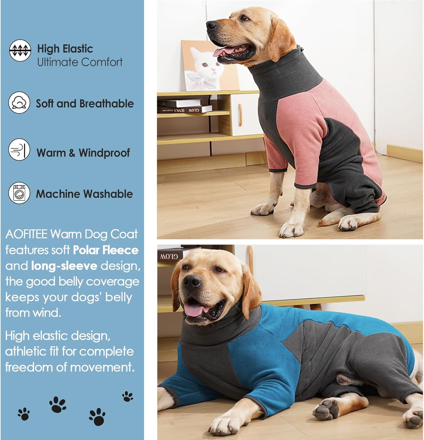 AOFITEE Abrigo de invierno para perro, cálido pijama de forro polar para perro, chaqueta suave de cuerpo completo para clima frío, cuello alto,