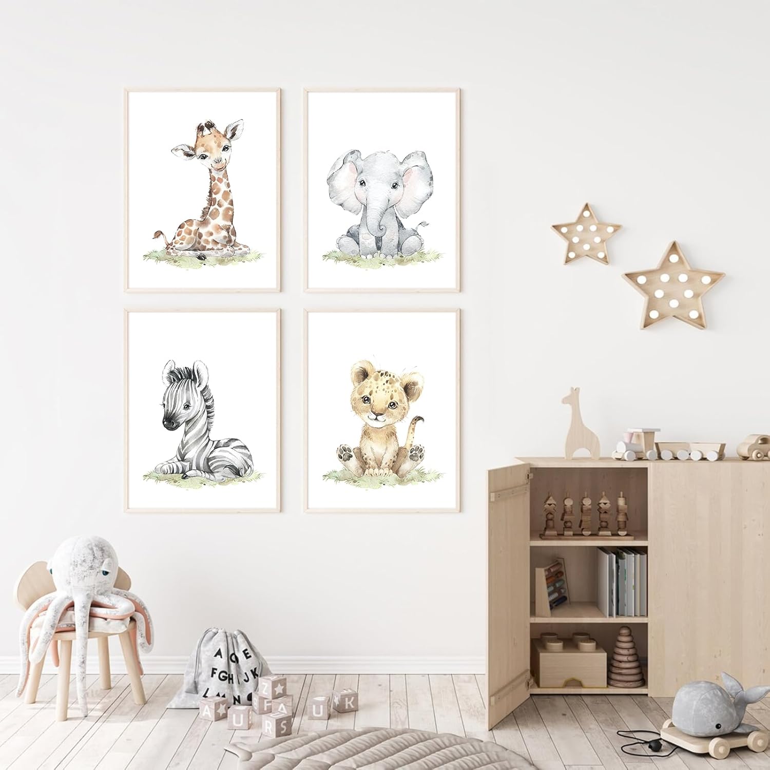 Arte de pared de safari para cuarto de bebé, lienzo de animales de bebé, decoración de pared de bosque y guardería, imágenes de animales de selva,