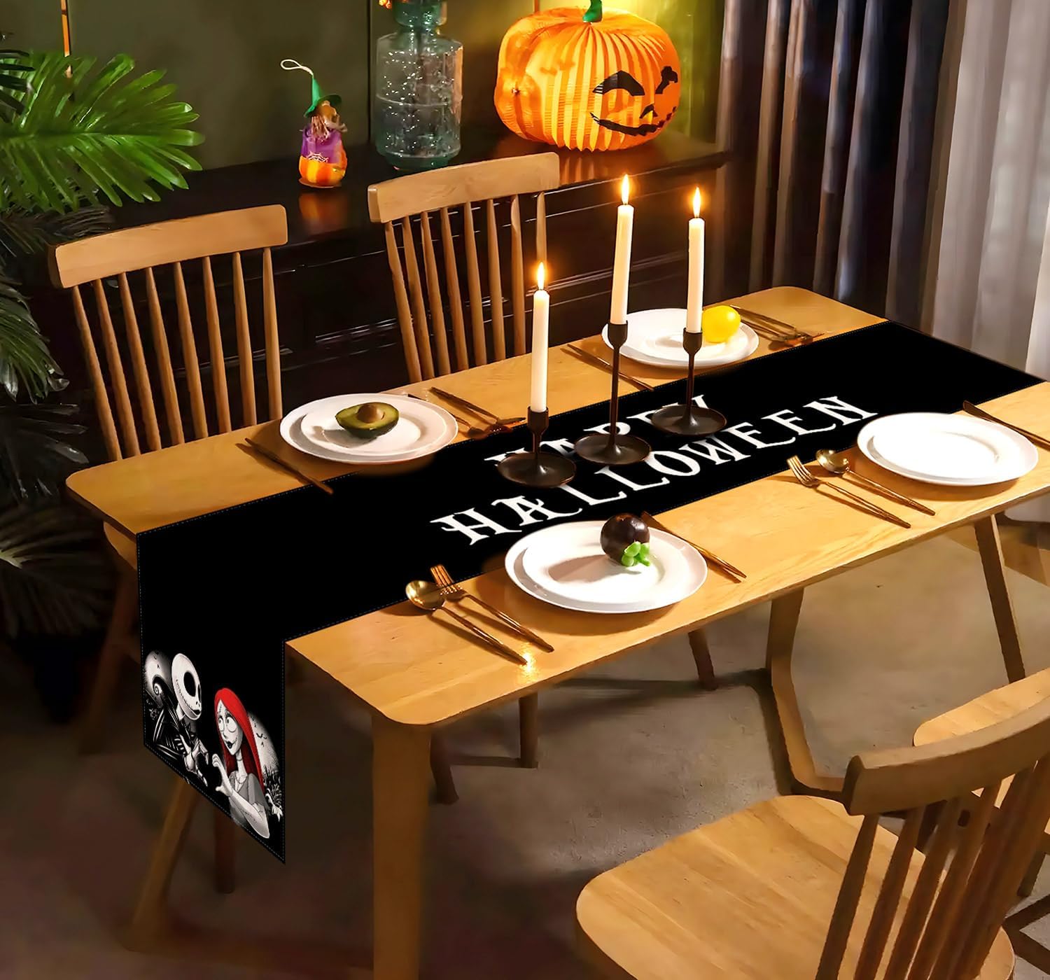 Sunwer Camino de mesa Happy Halloween The Nightmare Before Christmas Jack and Sally Party para interiores y exteriores, decoración para el hogar,