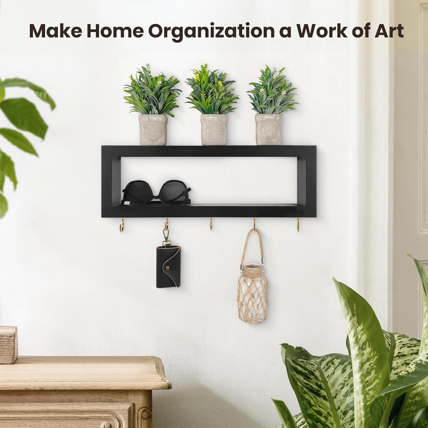 Estante de pared con ganchos  Soporte decorativo para llaves y cartera para pared para gafas de sol, correas, bufandas y cordones  15.7 x 5.1 x 2.9