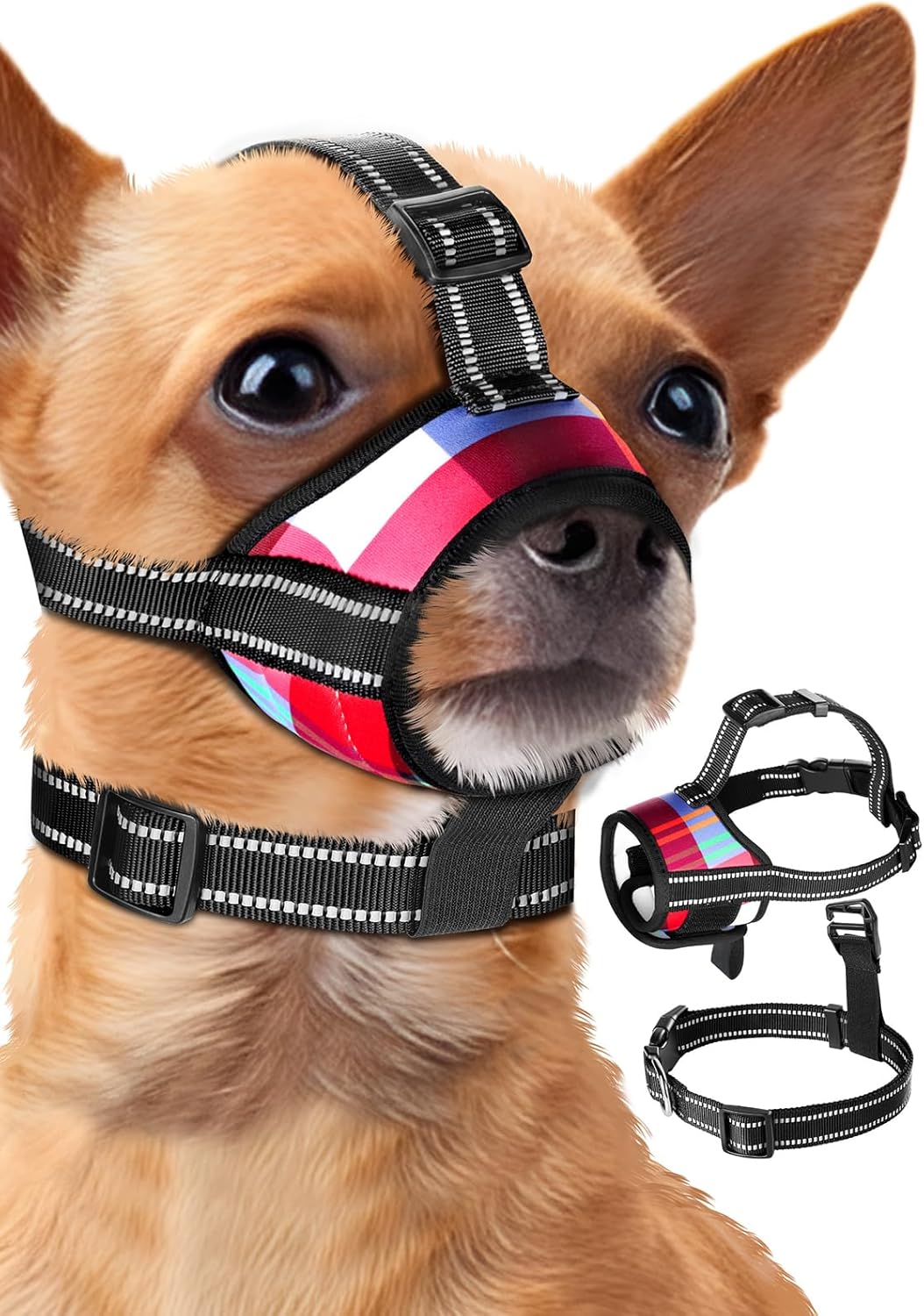 Bistup Bozal para perros de tamaño pequeño, bozales suaves, antimordeduras, collar de masticación y tres tiras reflectantes, permite beber paño de