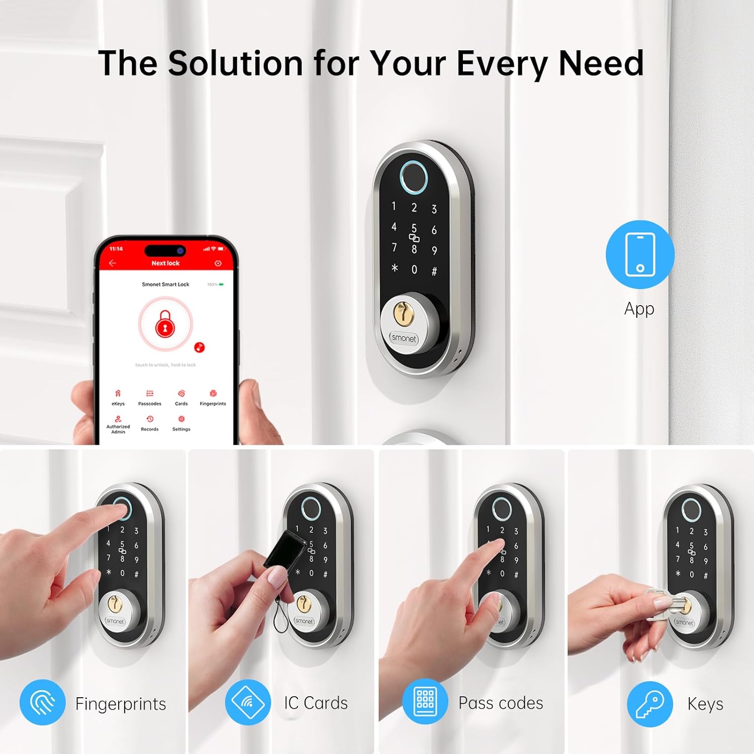 smonet Pro Smart Fingerprint – Juego de cerraduras para puerta delantera, biométrico, pantalla táctil, Bluetooth, electrónica, con asa, para el