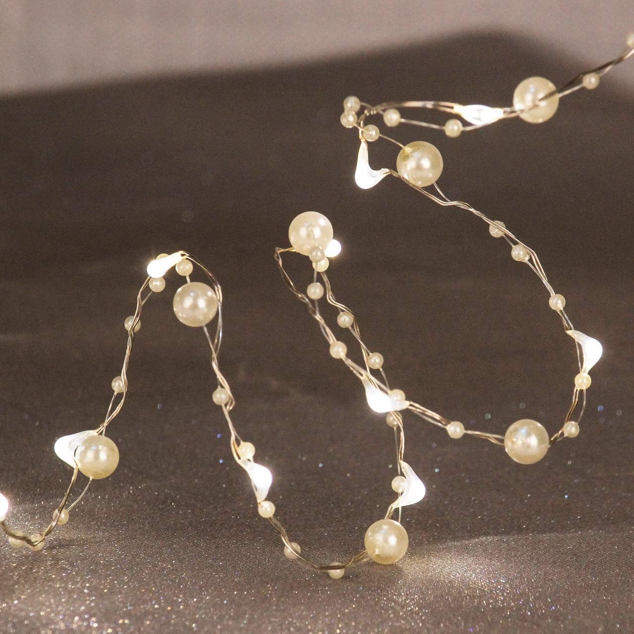 Impress Life Guirnalda de luces de perlas de océano, tejido hecho a mano, alambre de cobre de perlas sintéticas marfil, 10 pies con control remoto