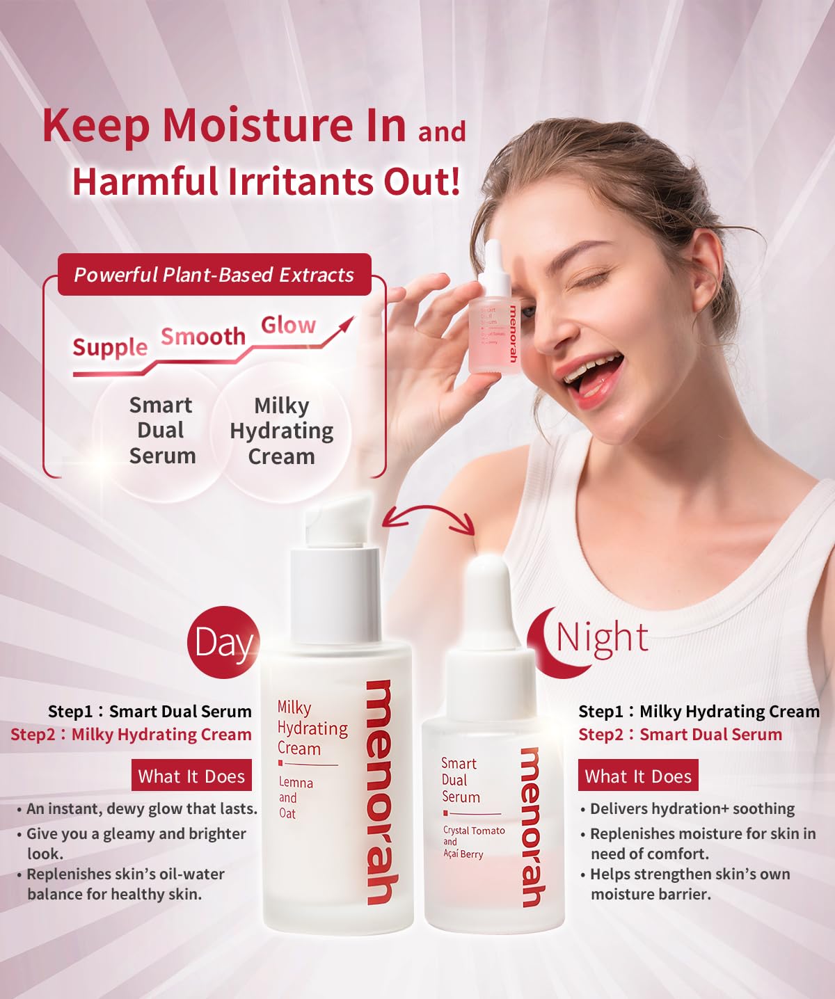 menorah skincare – Smart Dual Serum – con tomate de cristal y bayas de acai, suero para cara, antienvejecimiento, piel brillante, suero con infusión