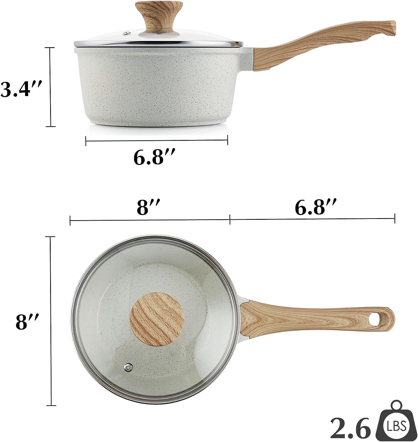 SENSARTE Cacerola antiadherente de cerámica blanca con tapa, juego de 2+2.5 cuartos de galón, olla mediana con mango Stay Cool, cacerola compatible