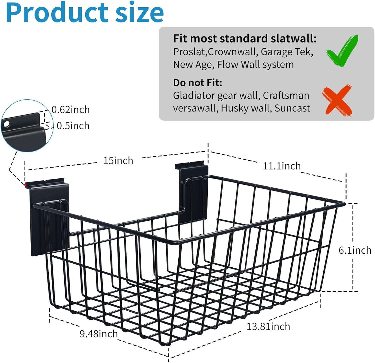 Cesta Slatwall de 15 pulgadas de ancho x 11.1 pulgadas de profundidad, resistente con listones de alambre de acero para colgar en la pared,