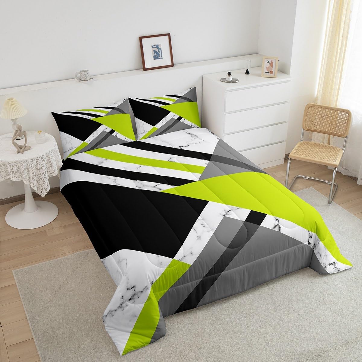 Juego de edredón verde lima y gris, juego de ropa de cama geométrica verde, negro y blanco, tamaño individual, patrón de retazos, geométrico,
