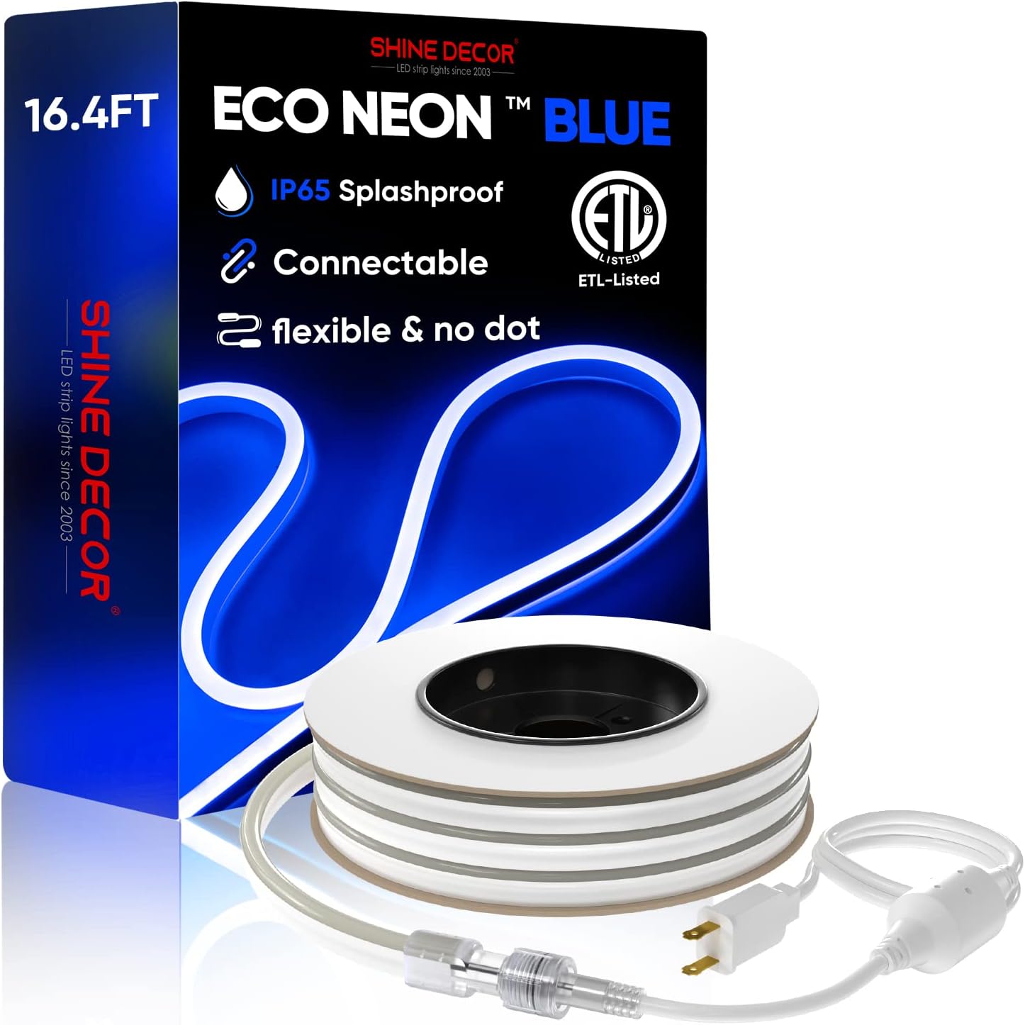 Shine Decor Tira de luces LED de neón conectables, 16.4 pies, flexible, CA, 110 V, 120 V, tira de luces LED de neón (color azul) al aire libre,
