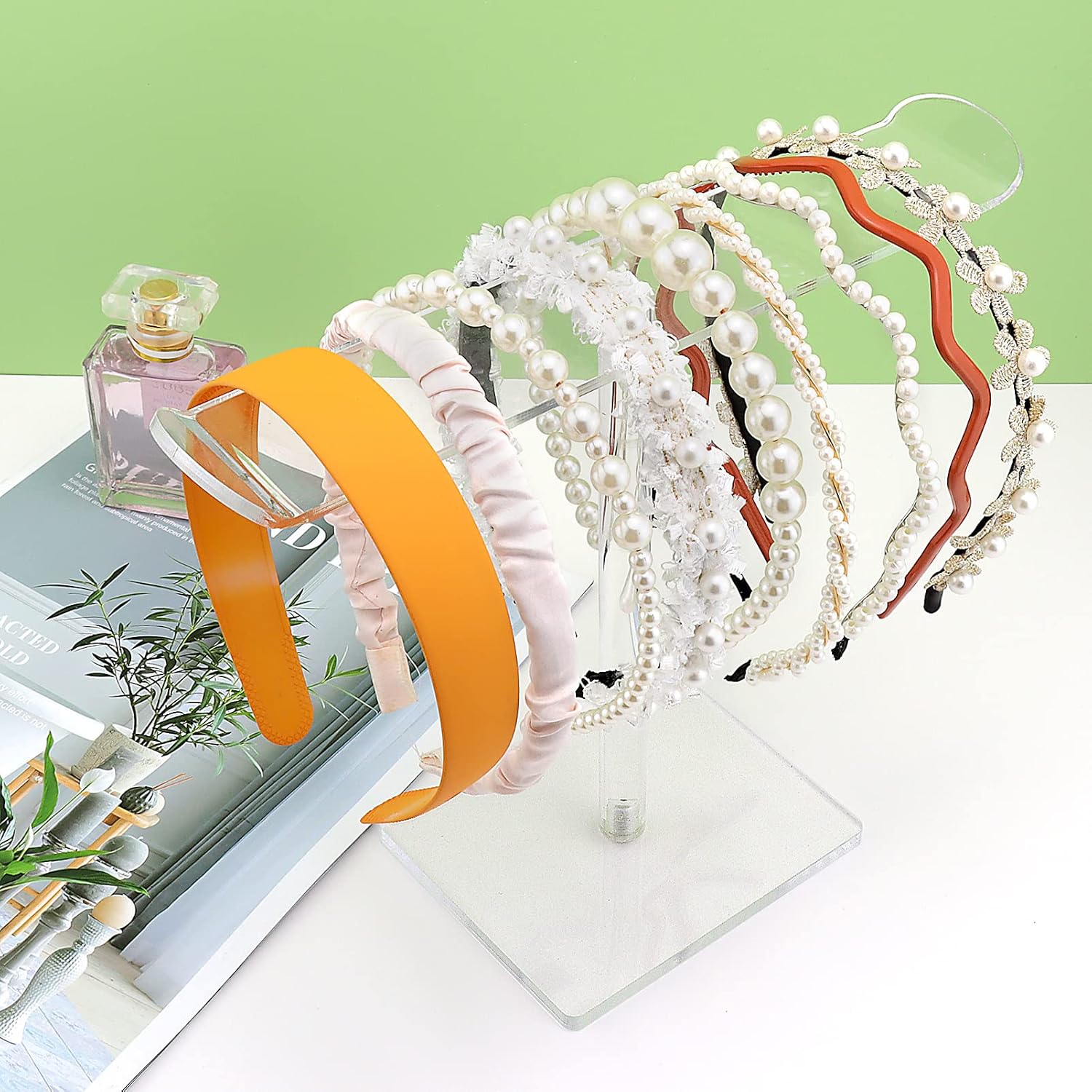 Bigfety Soporte para diadema de acrílico, paquete de 2 soportes organizadores transparentes para la cabeza, almacenamiento de accesorios para el