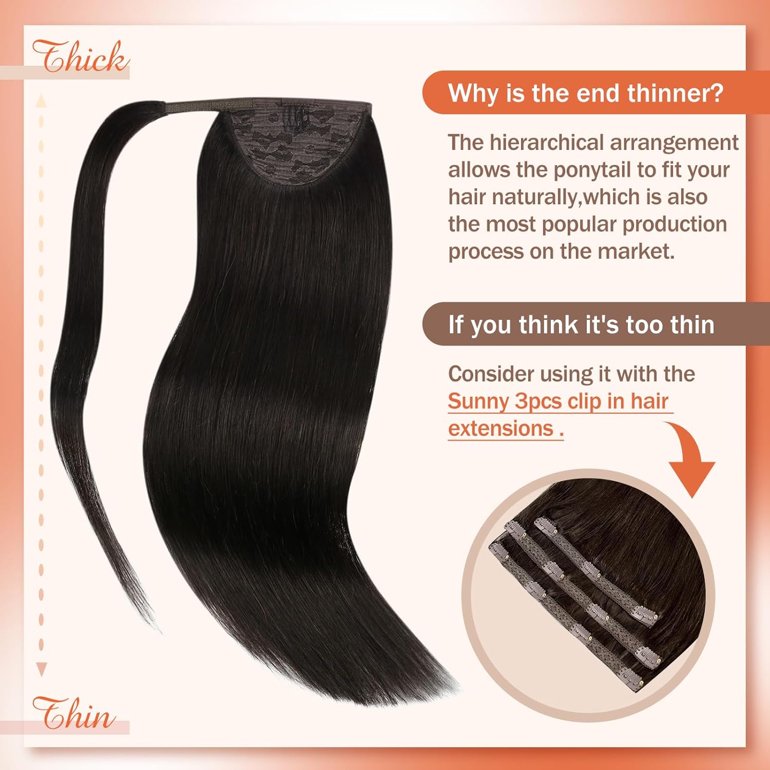 VeSunny – Extensiones de cabello humano remy lacio de 14 a 24 pulgadas, con clip para cola de caballo, juego de extensiones de cabello humano de