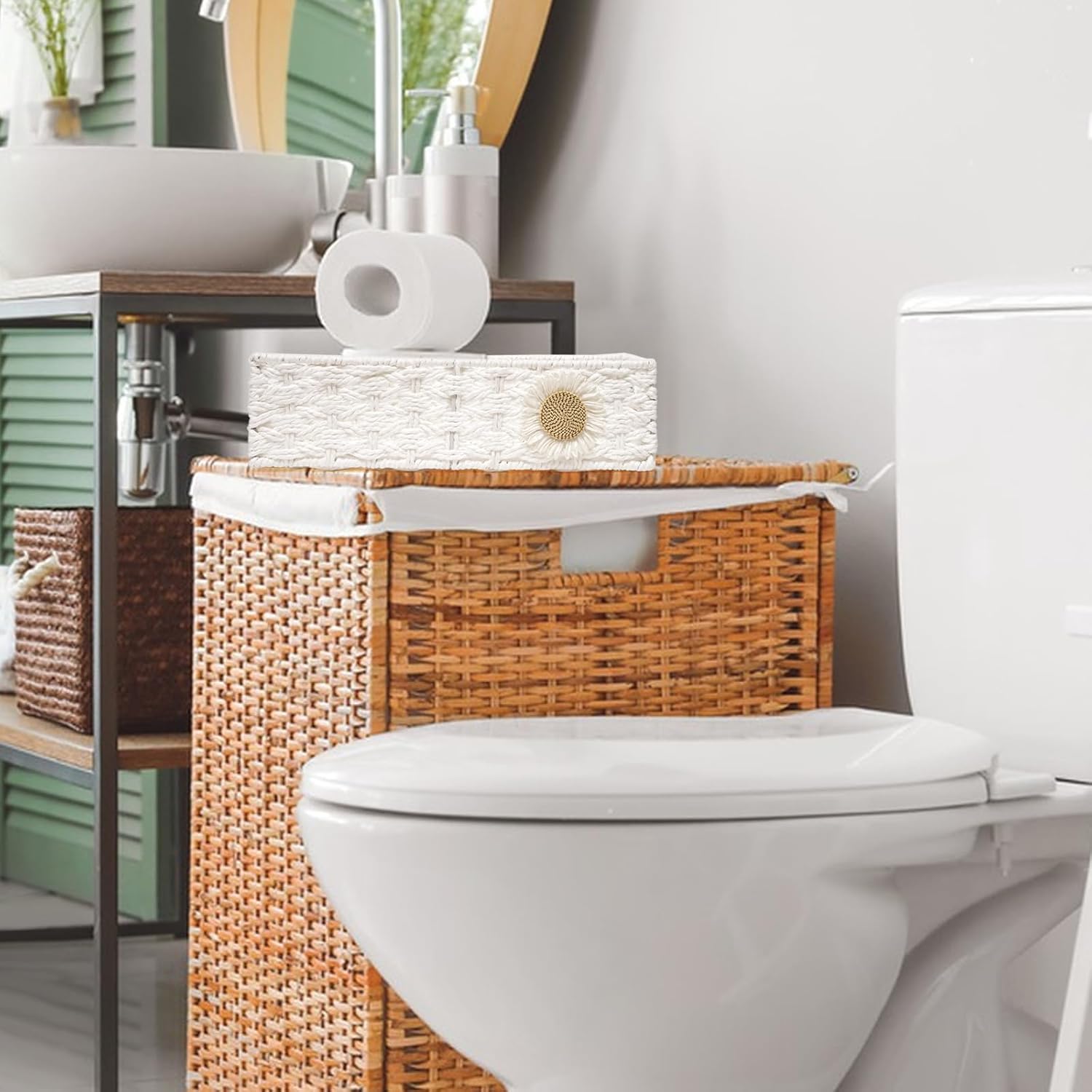 DUOER Cesta de papel higiénico para decoración de baño, cesta para organizar bandeja de baño para mostrador, cesta de almacenamiento para